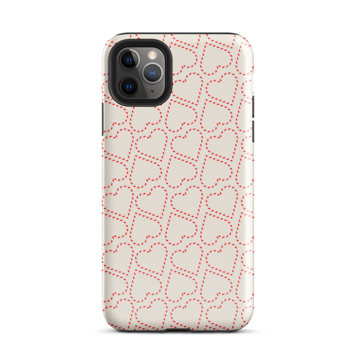 Phone Case for iPhone with holiday candy cane heart pattern in red and white, festive and cozy design perfect for winter celebrations.