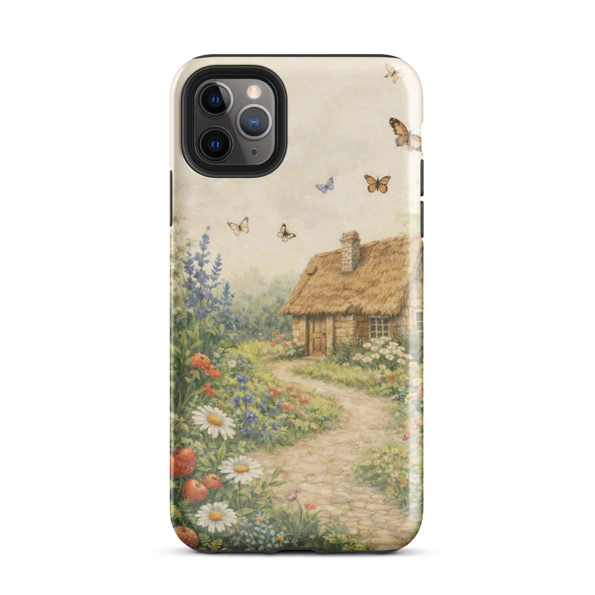 Phone Case for iPhone with cottage garden art featuring a thatched-roof cottage, daisies, poppies, and butterflies on a cream background.