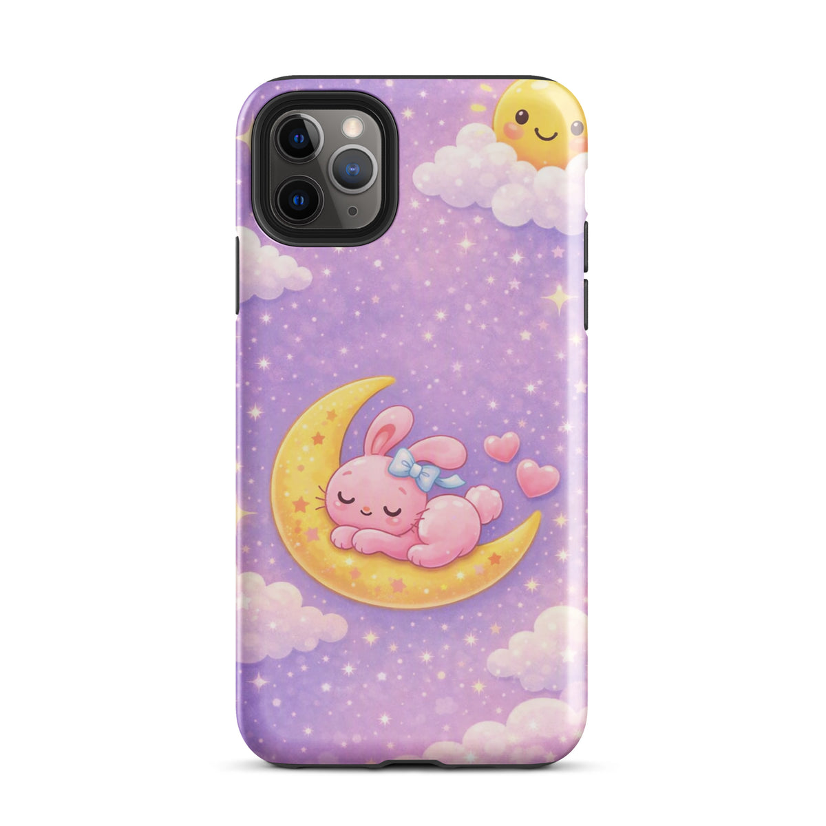 Phone Case for iPhone with cute bunny snoozing on a crescent moon design, pastel purple nighttime sky with stars and clouds.