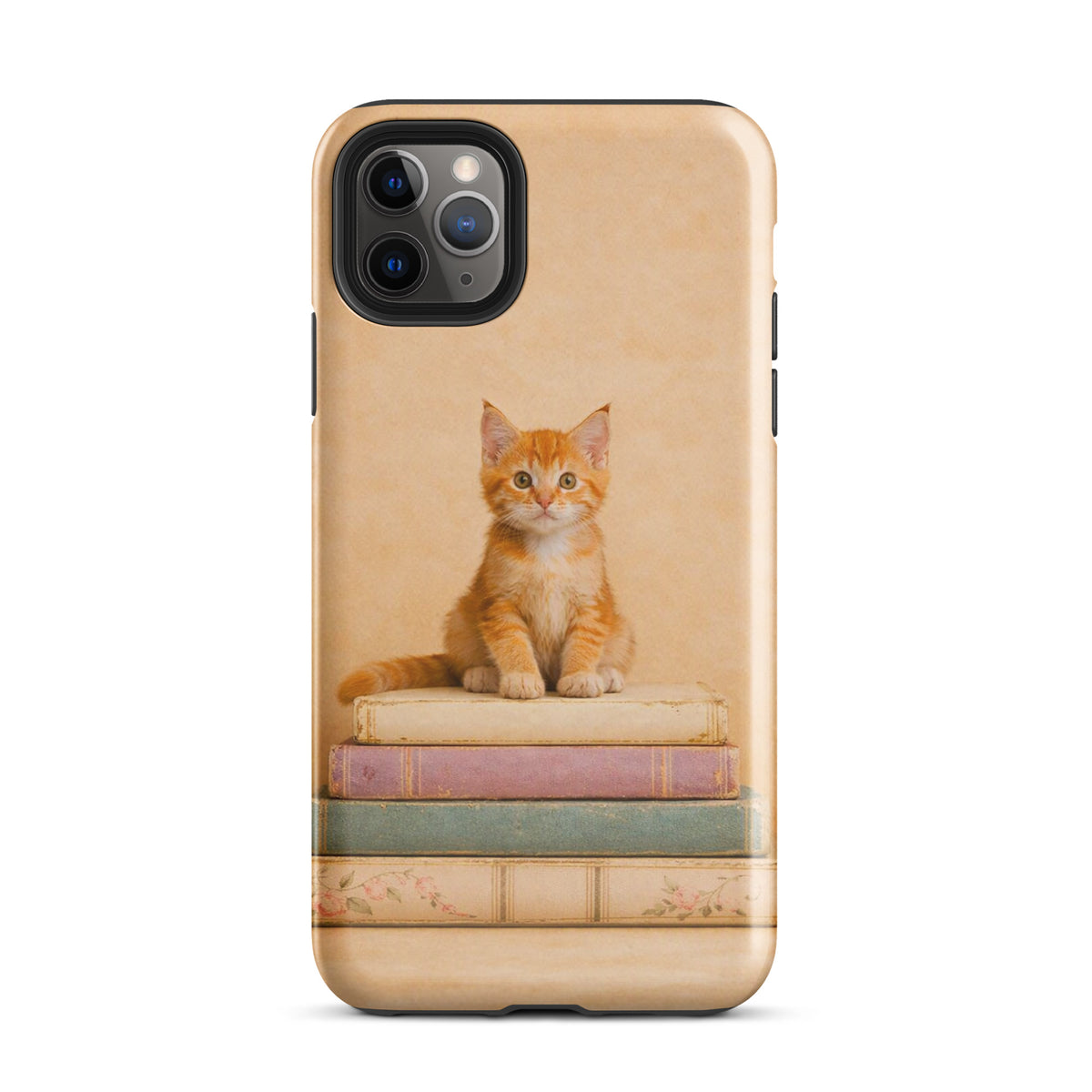 Phone Case with cozy kitten on vintage books design for iPhone, charming and protective.