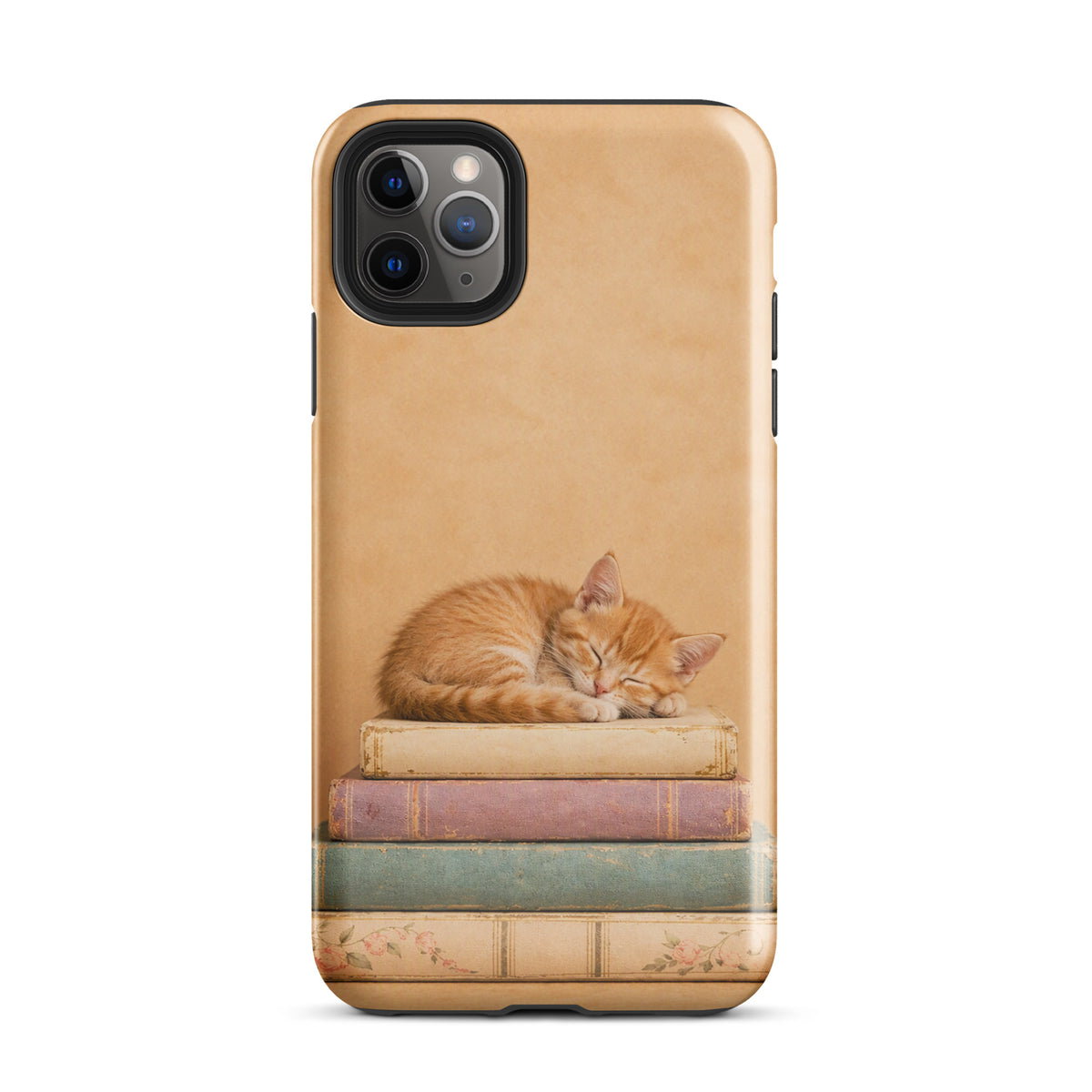 Phone Case featuring a sleeping kitten on vintage books, with warm neutral colors for iPhone.