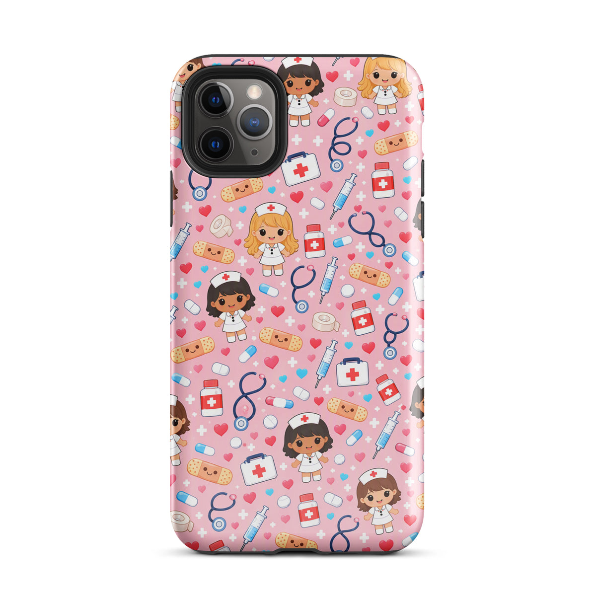 Phone Case for iPhone with Kawaii Nurse Medical Pattern on light pink background featuring adorable characters and medical symbols.