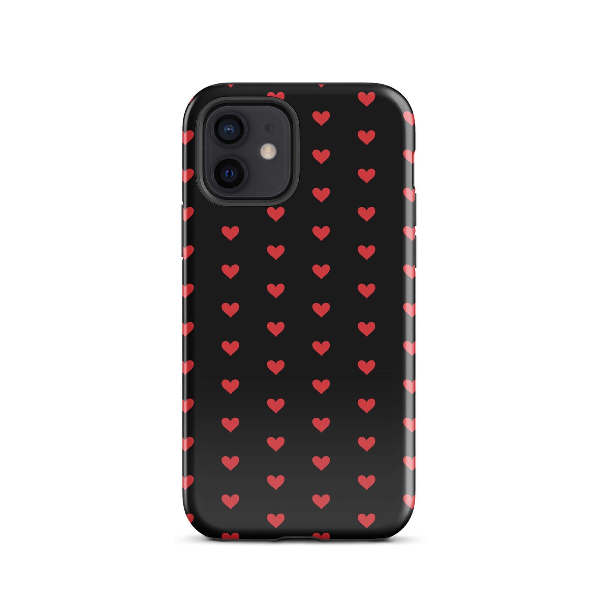 Phone Case for iPhone featuring a pattern of fiery red hearts on a black background.