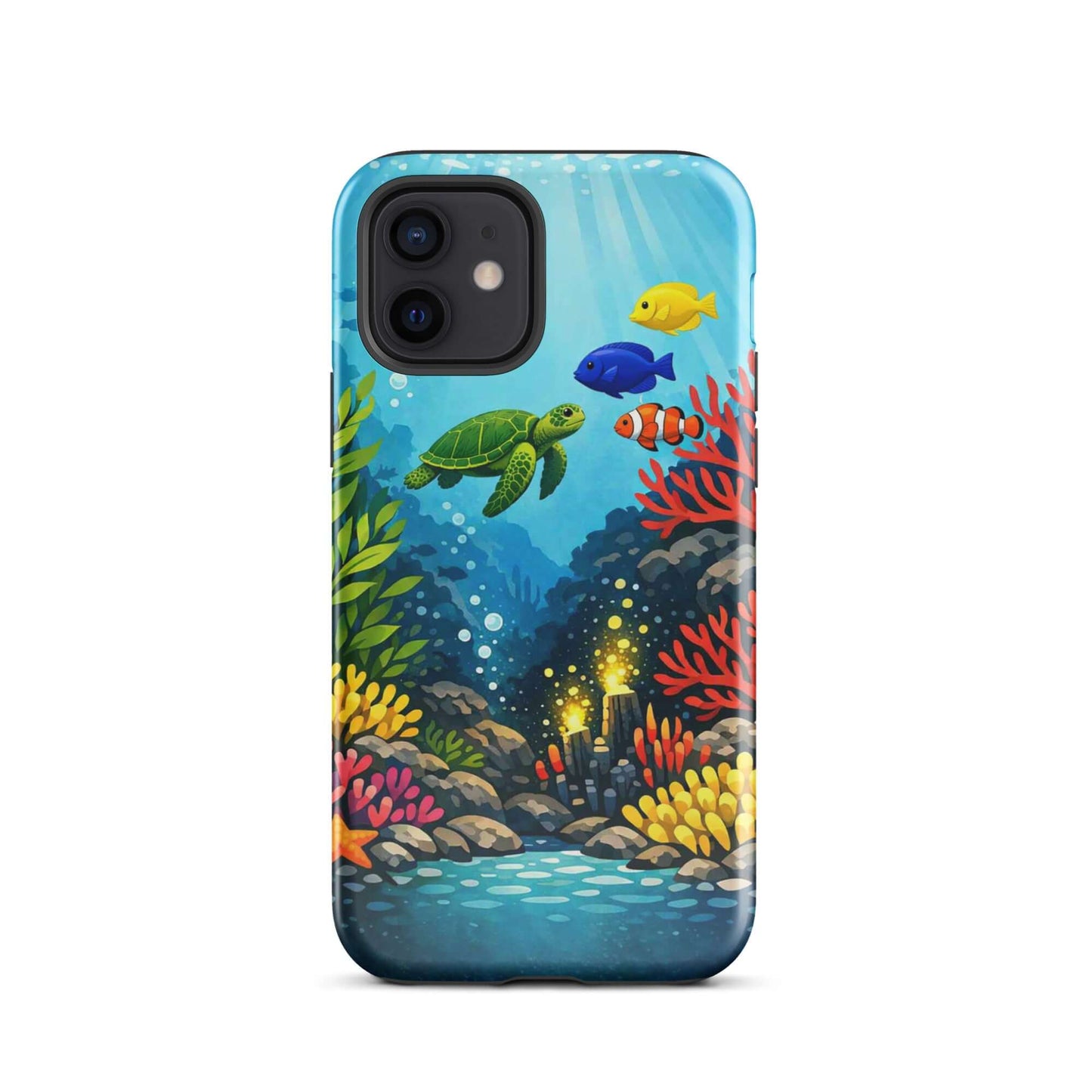 Phone case featuring vibrant sea turtle and coral reef design, ideal for marine life lovers.