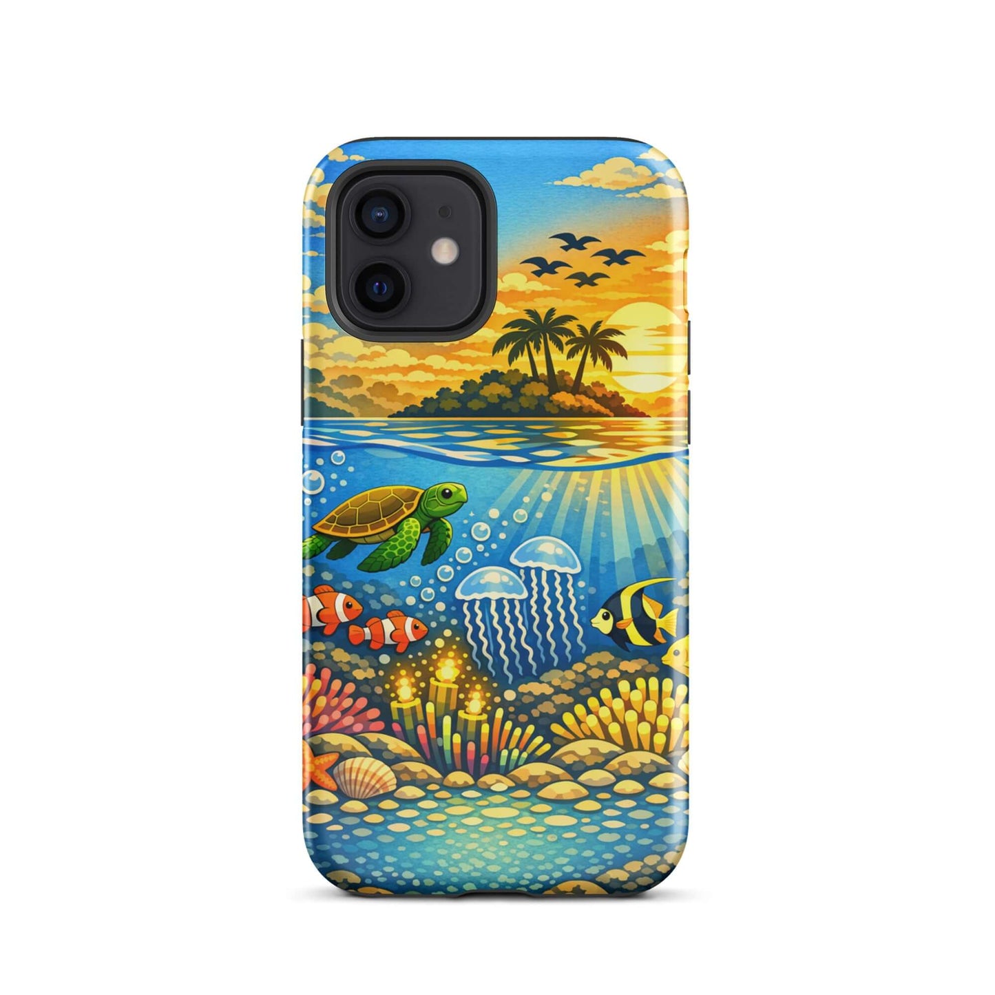 Phone Case featuring a tropical sunset and lively underwater reef with sea turtles and clownfish.