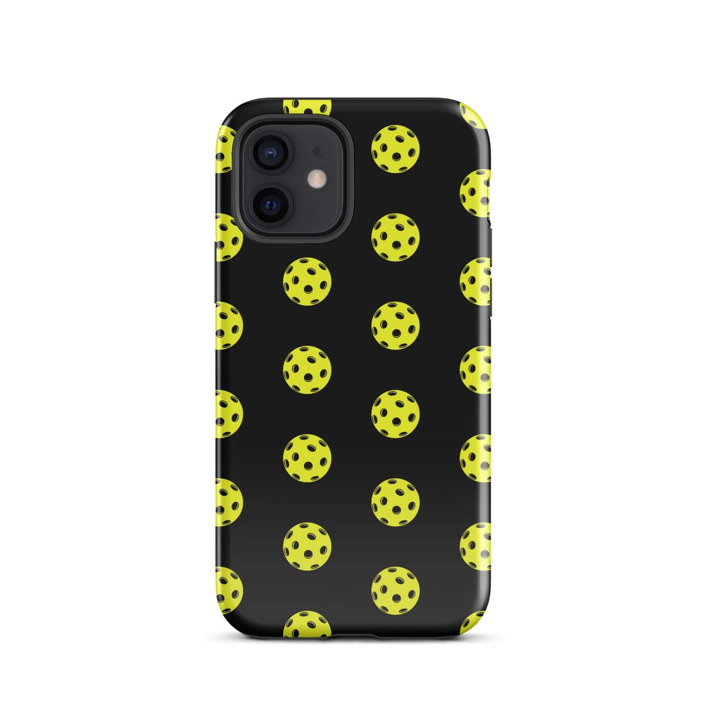 Phone Case featuring a playful pickleball pattern on a black background for sporty style.
