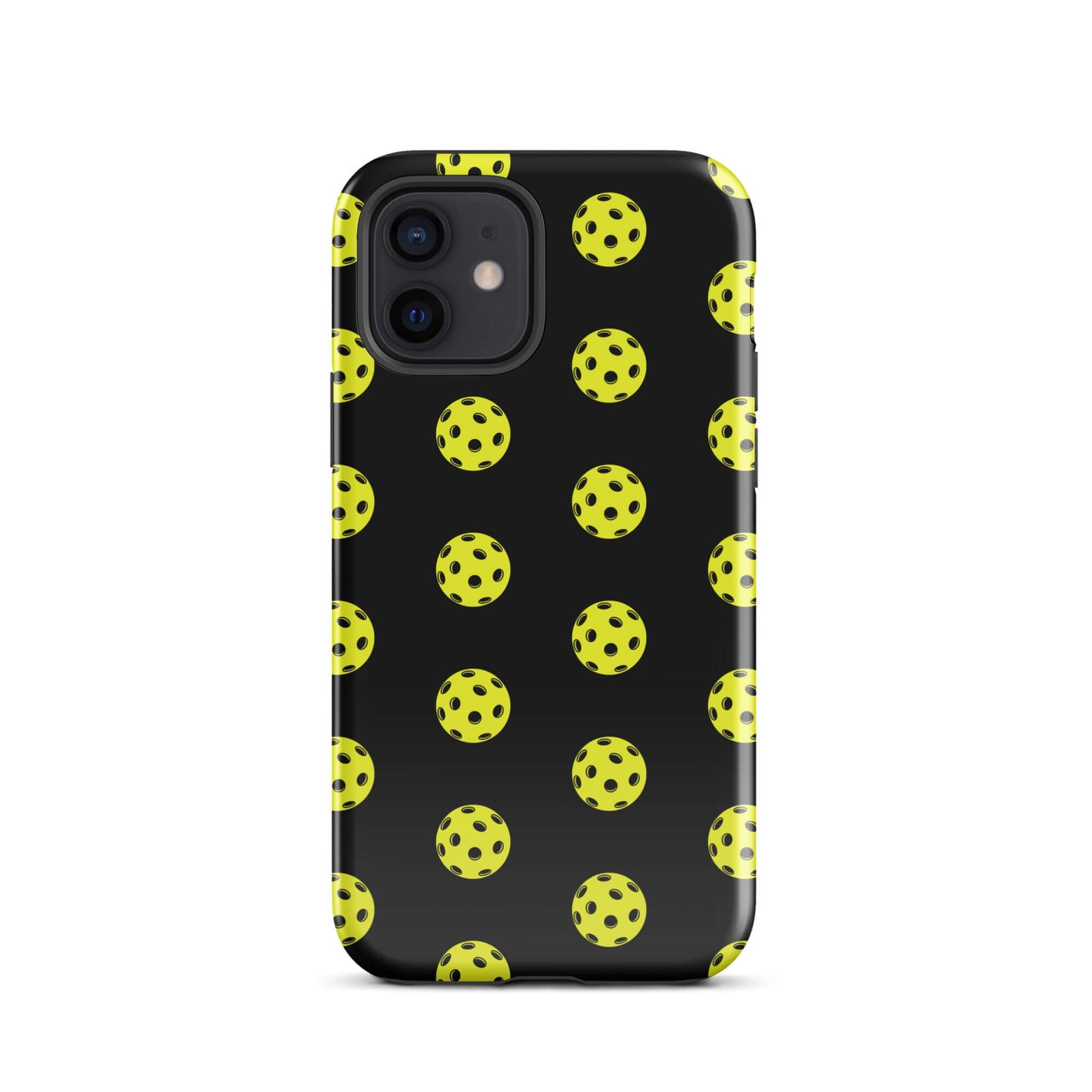 Phone Case featuring a playful pickleball pattern on a black background for sporty style.