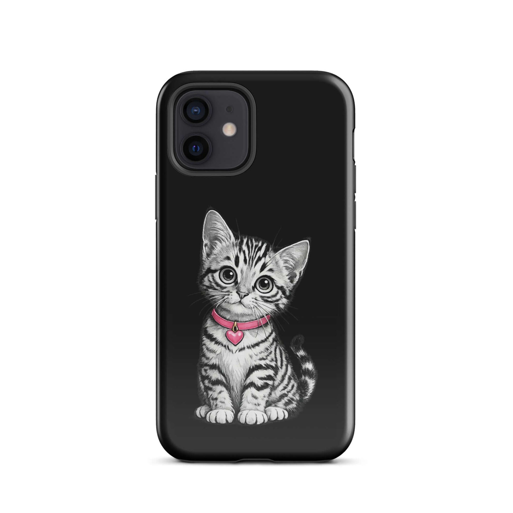 Phone Case for iPhone featuring pencil sketch kitten with pink collar and heart charm, artistic black-and-white design.