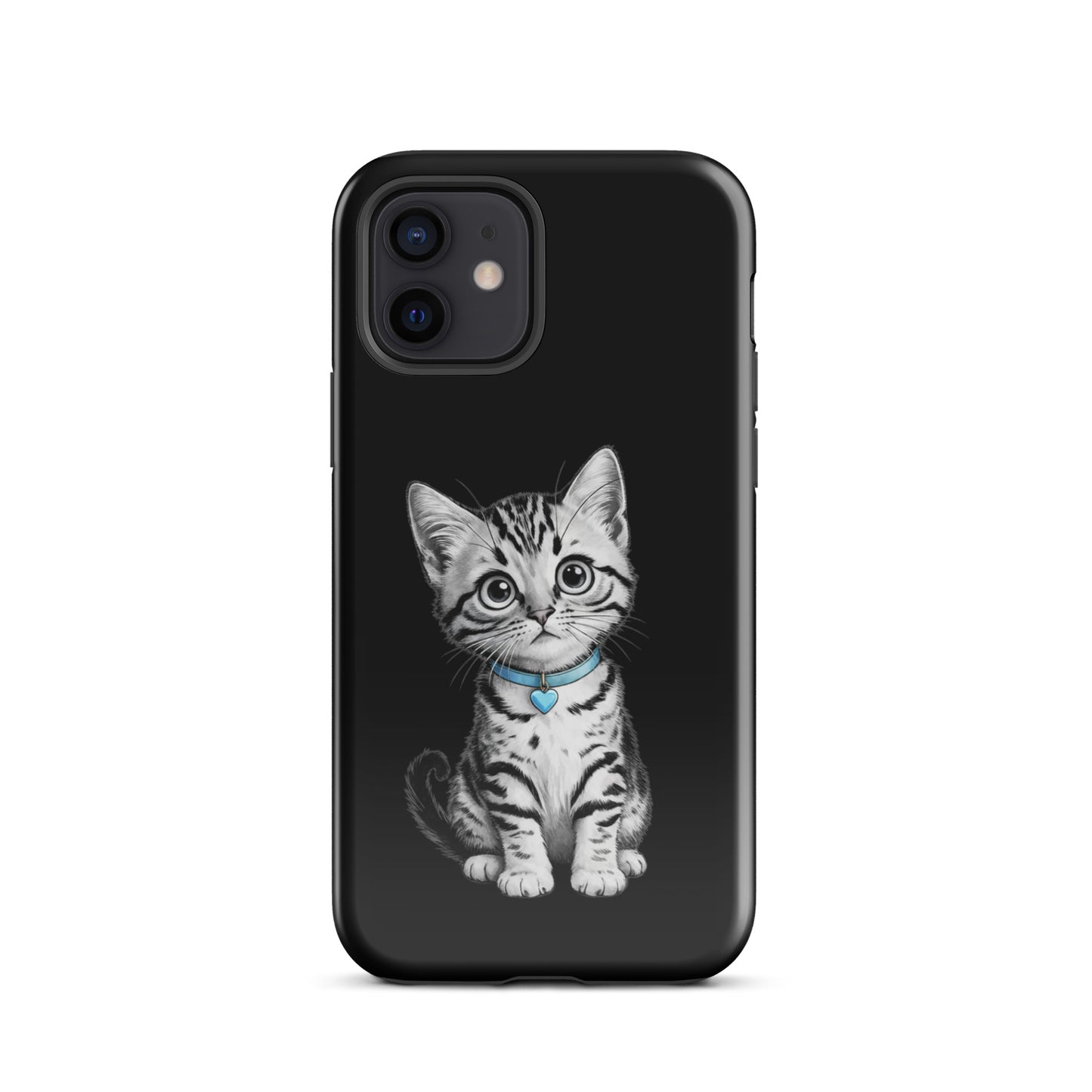 Phone Case for iPhone with kitten sketch and blue heart charm, offering stylish protection with black-and-white artistic design.