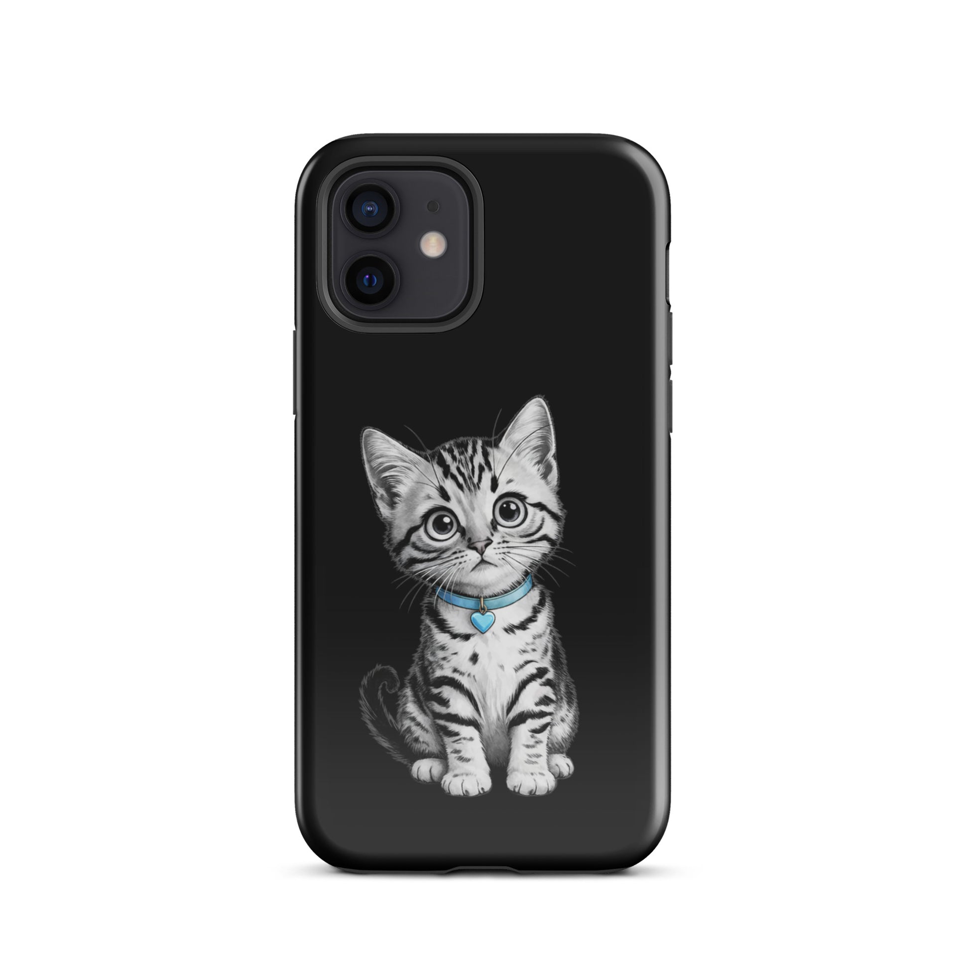 Phone Case for iPhone with kitten sketch and blue heart charm, offering stylish protection with black-and-white artistic design.