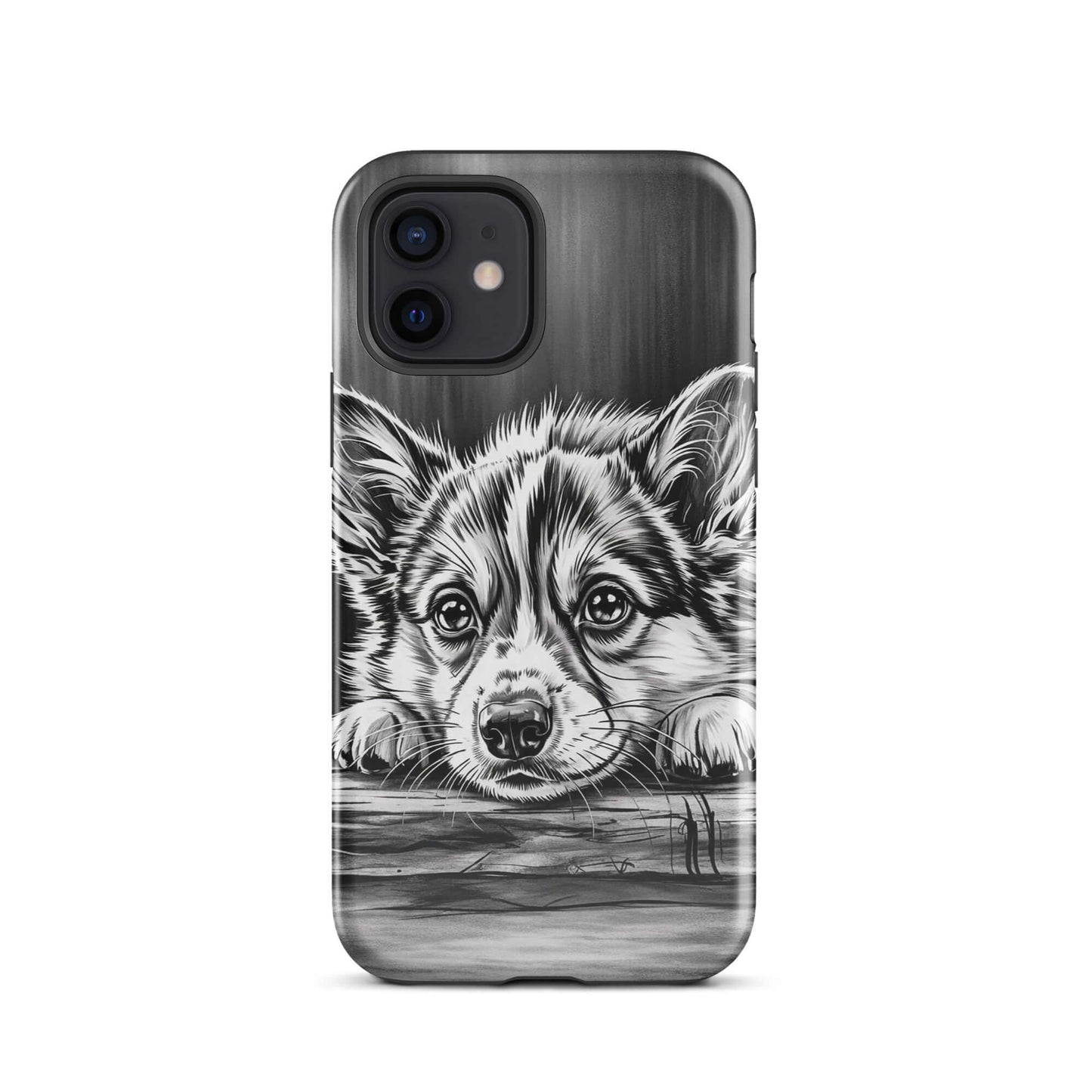 Phone Case for iPhone with elegant black-and-white puppy art resting on aged wood, blending artistic charm with premium protection.