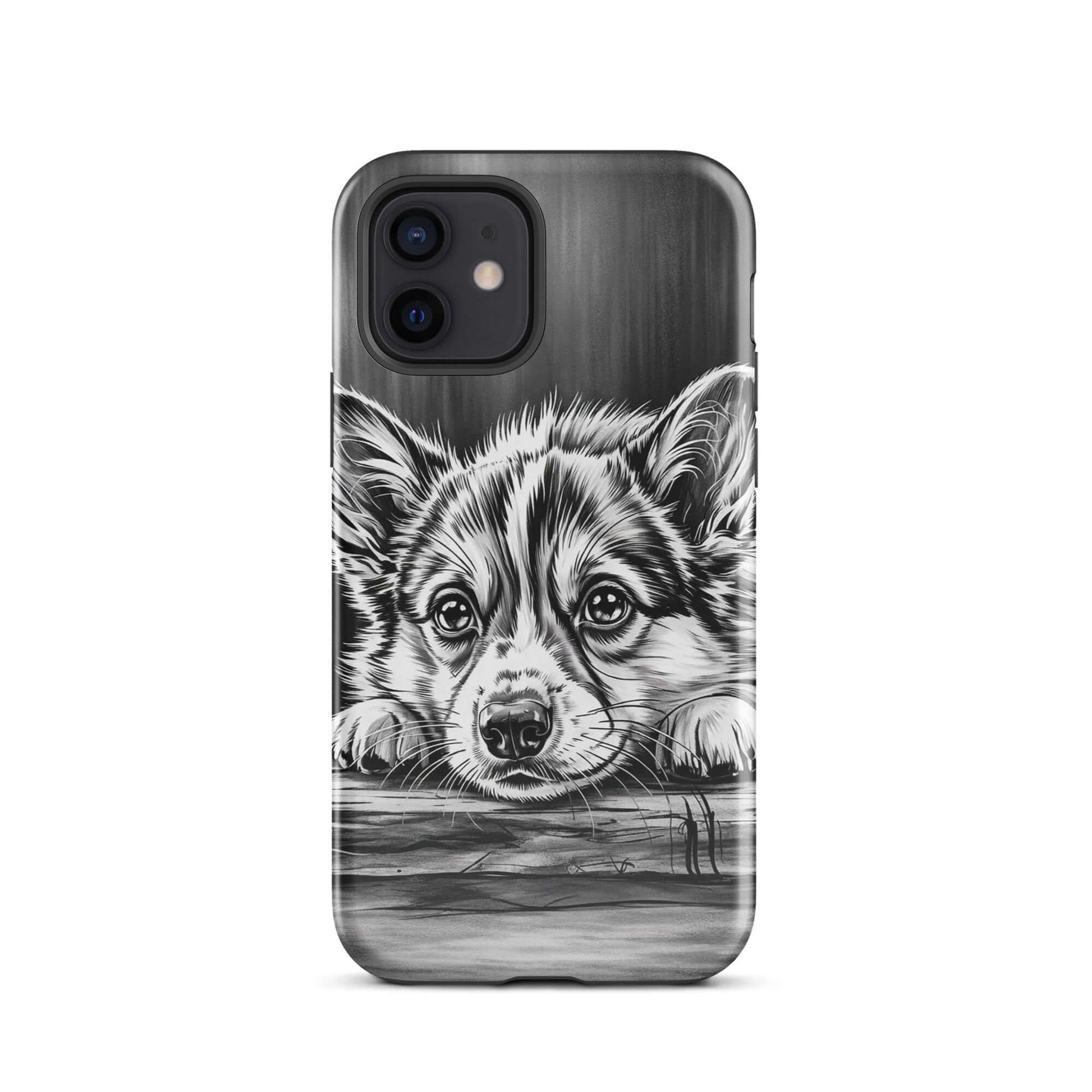 Phone Case for iPhone with elegant black-and-white puppy art resting on aged wood, blending artistic charm with premium protection.
