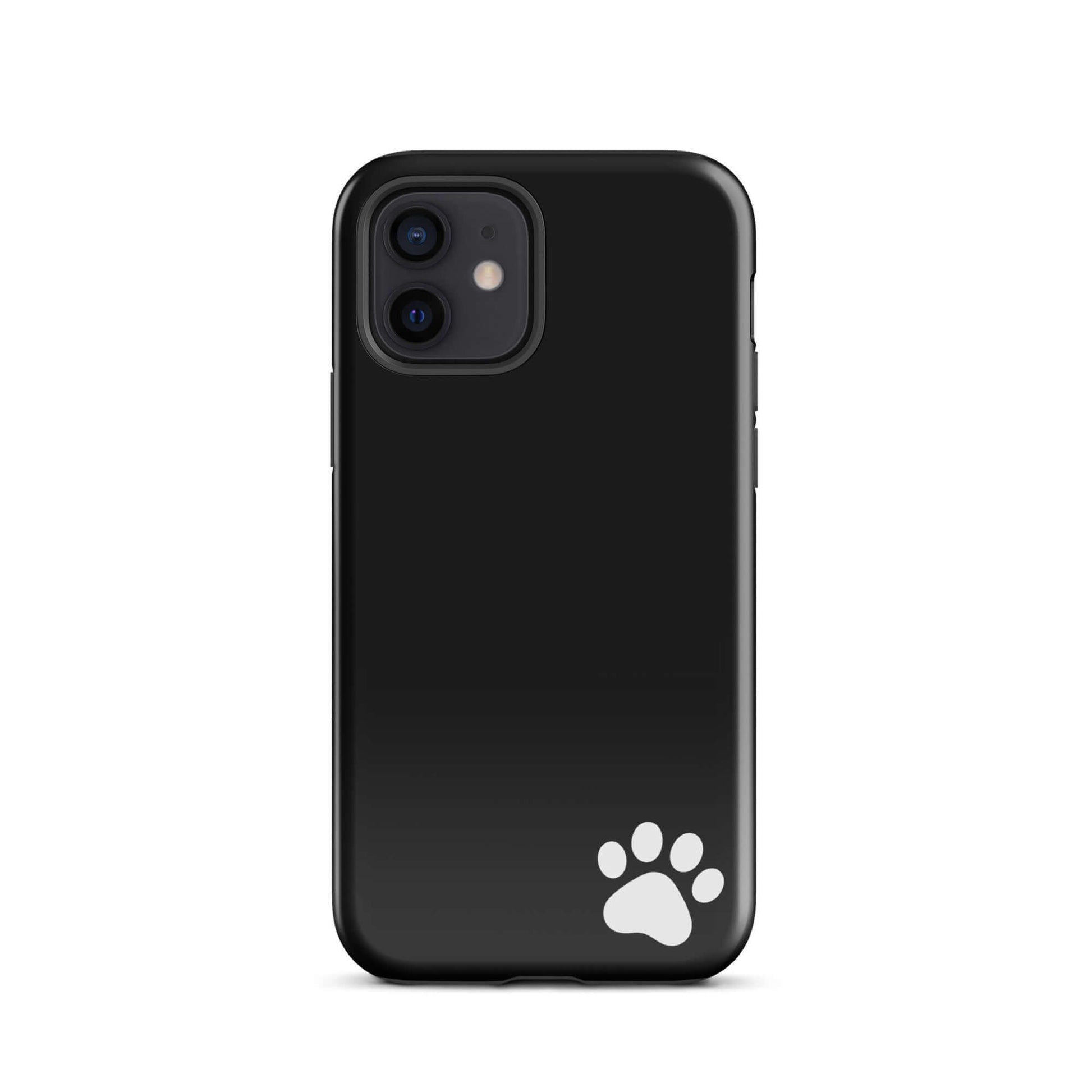 Phone Case with black design featuring a small white paw print in the lower right corner.