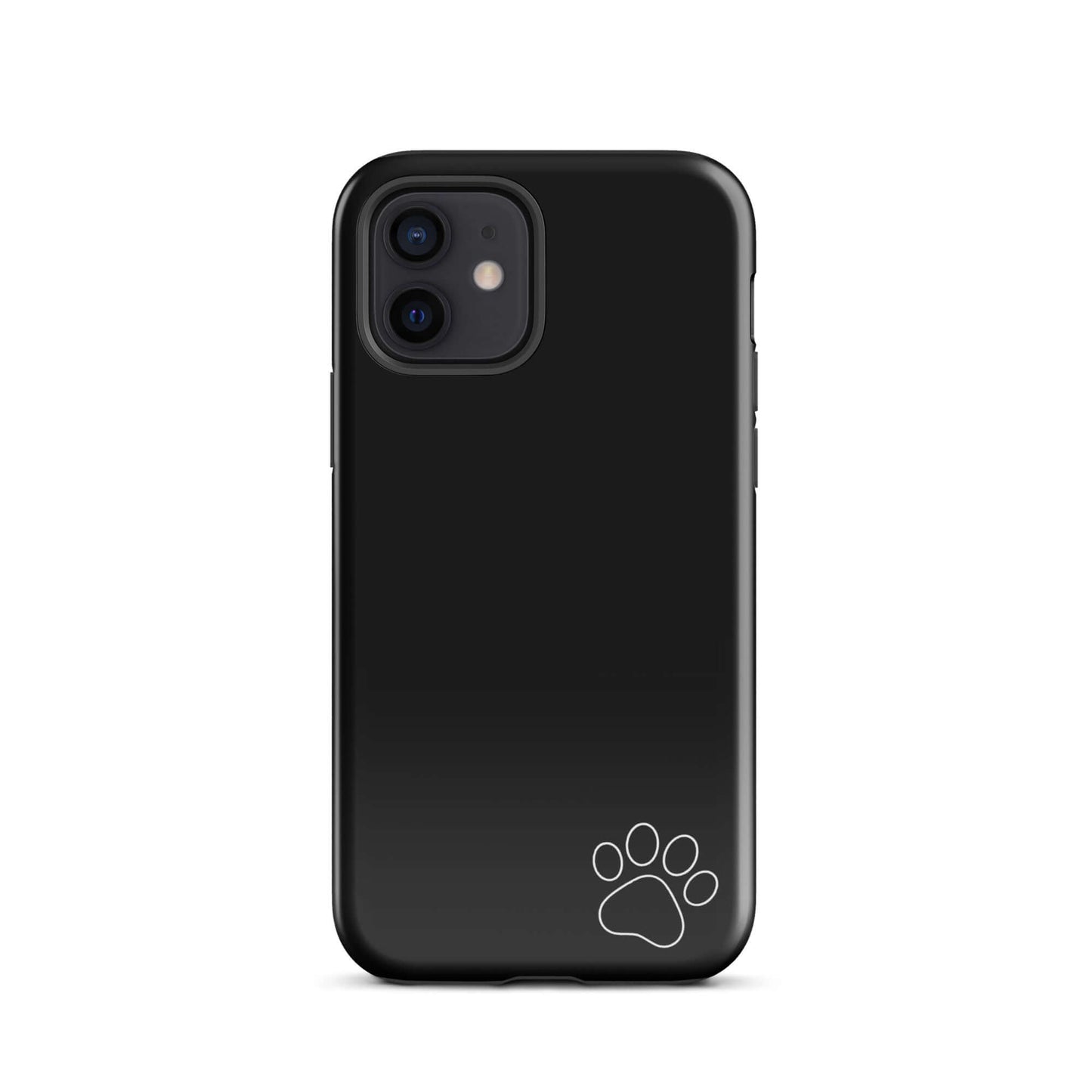 Black Phone Case for iPhone with white paw print design in bottom corner, minimalist and tough.