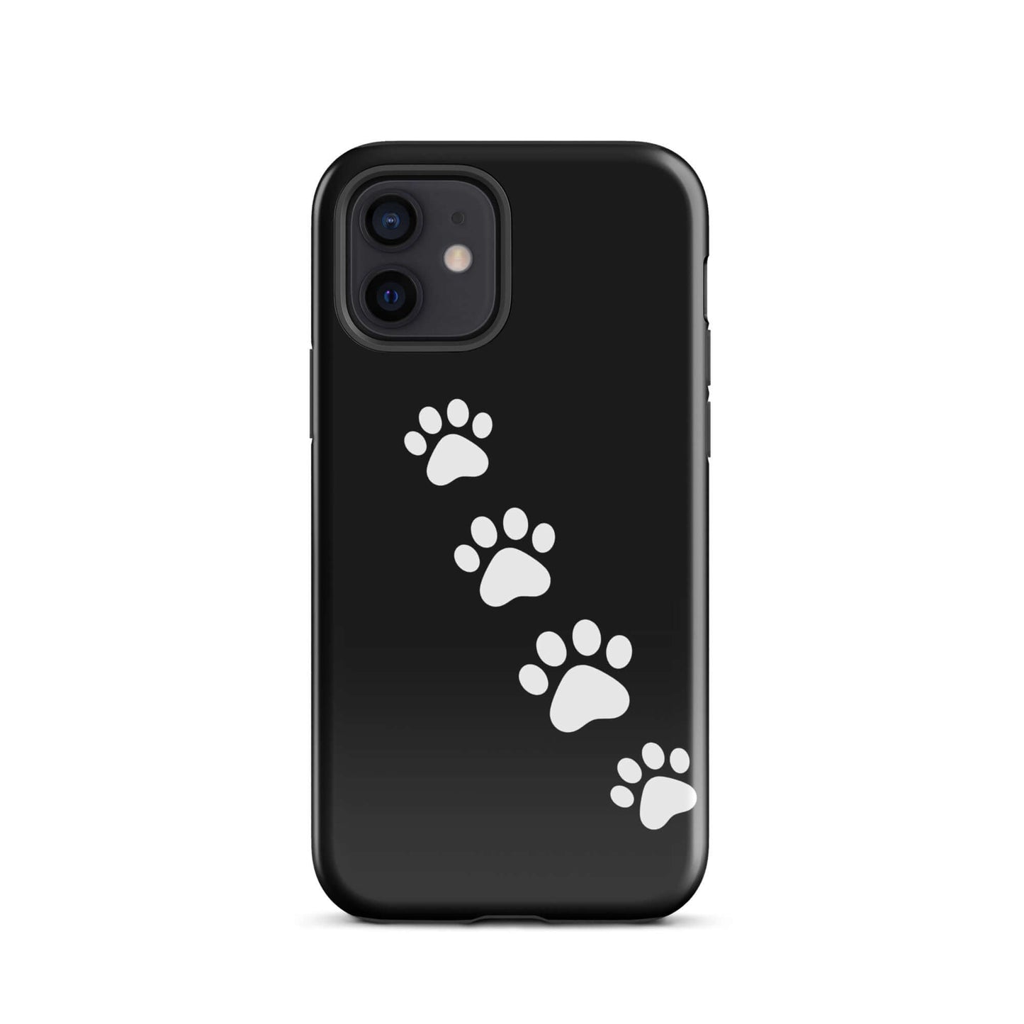 Phone case featuring white paw-print trail design, perfect for pet lovers, on a sleek black background for iPhone.
