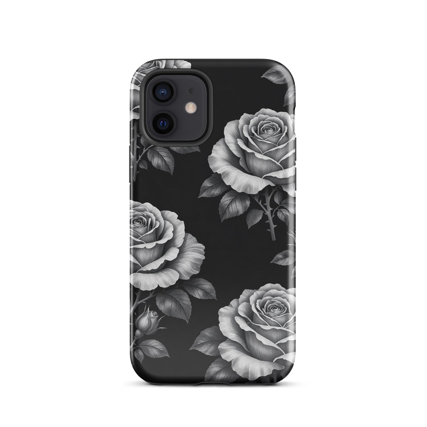 Phone Case for iPhone with rose garden design, featuring sketched roses on a black background for a tough and stylish look.