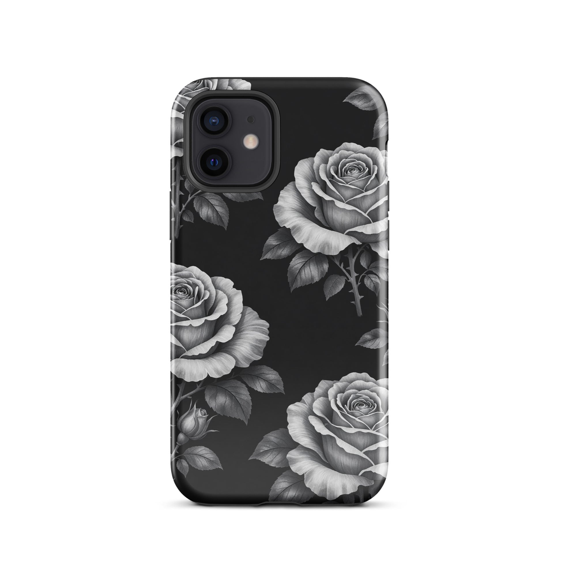 Phone Case for iPhone with rose garden design, featuring sketched roses on a black background for a tough and stylish look.