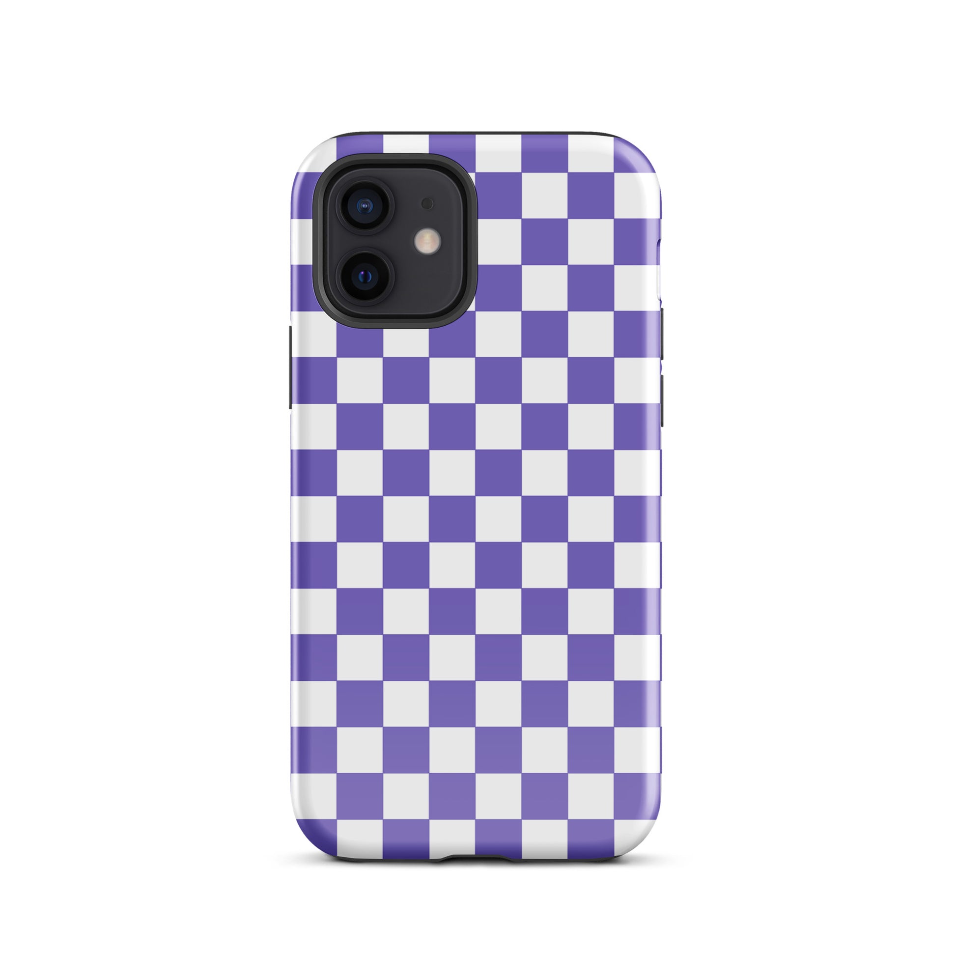 Phone Case for iPhone with purple and white checkered pattern for stylish look.