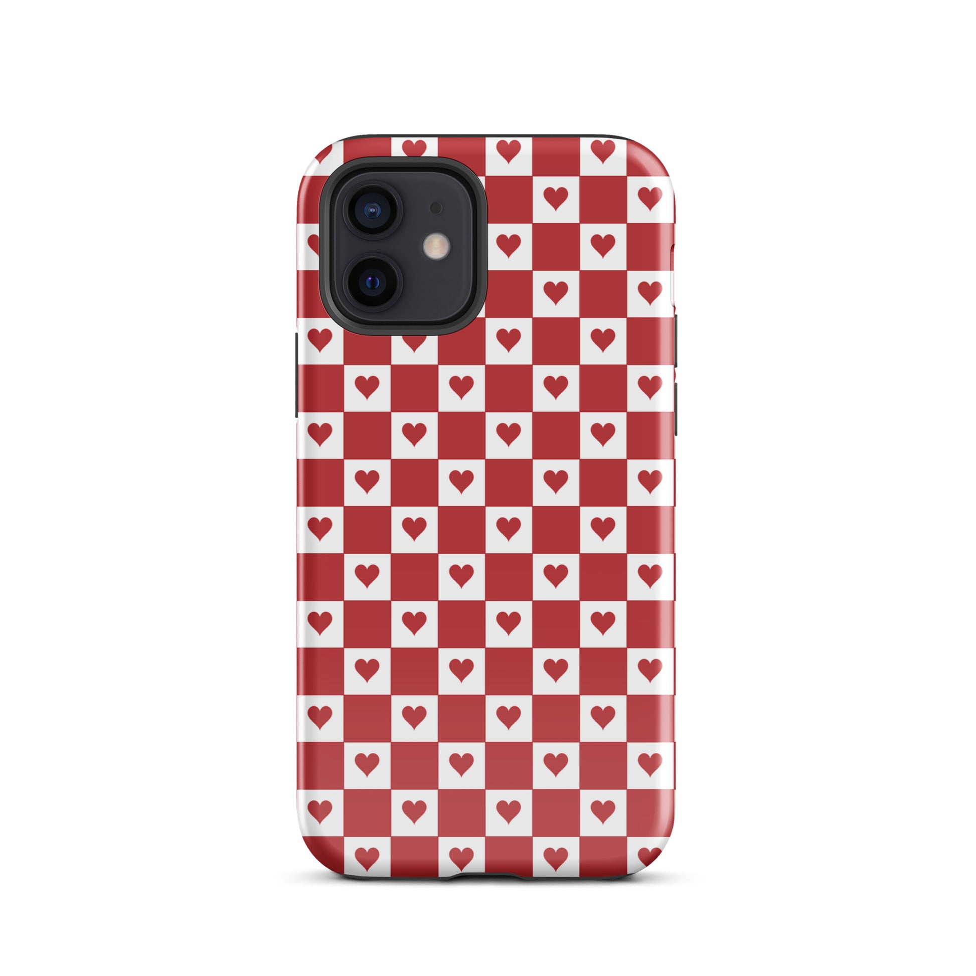 Phone Case for iPhone with red heart checkered design, featuring playful crimson hearts on white squares, adding charm and personality.