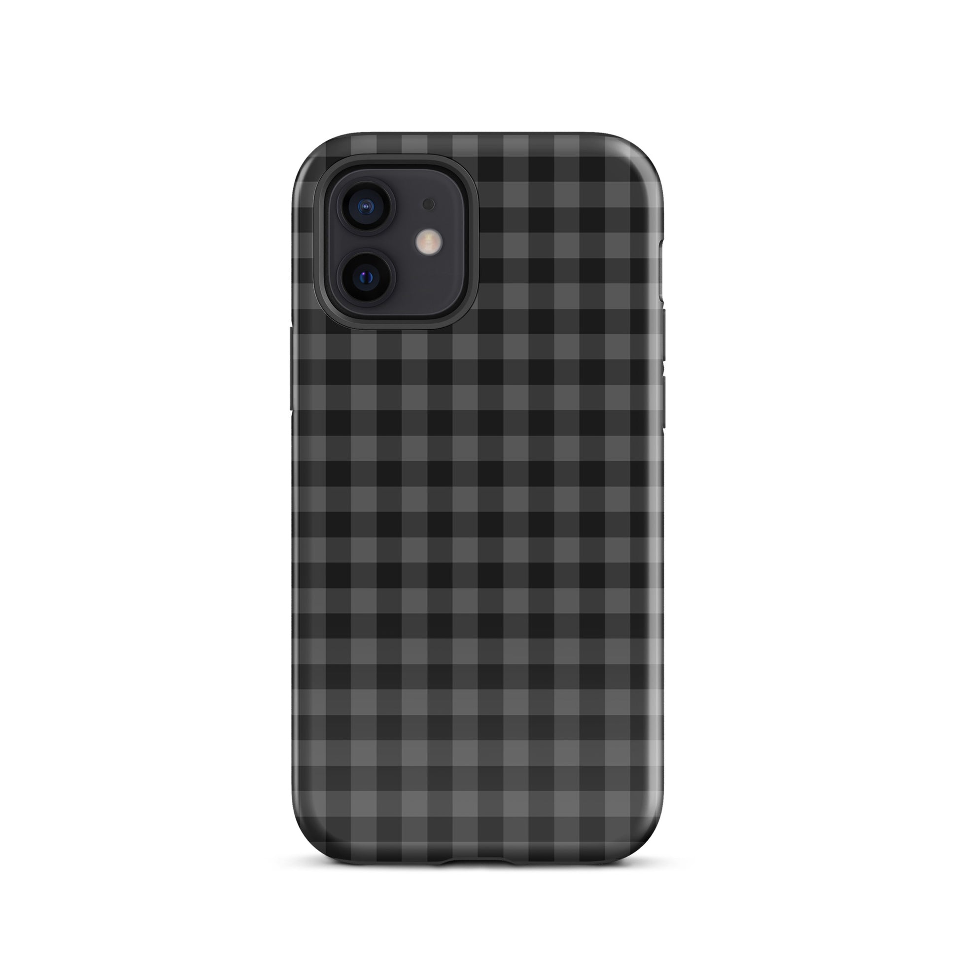 Phone Case with black-and-charcoal gingham pattern for iPhone, blending modern style with protection and luxury craftsmanship.