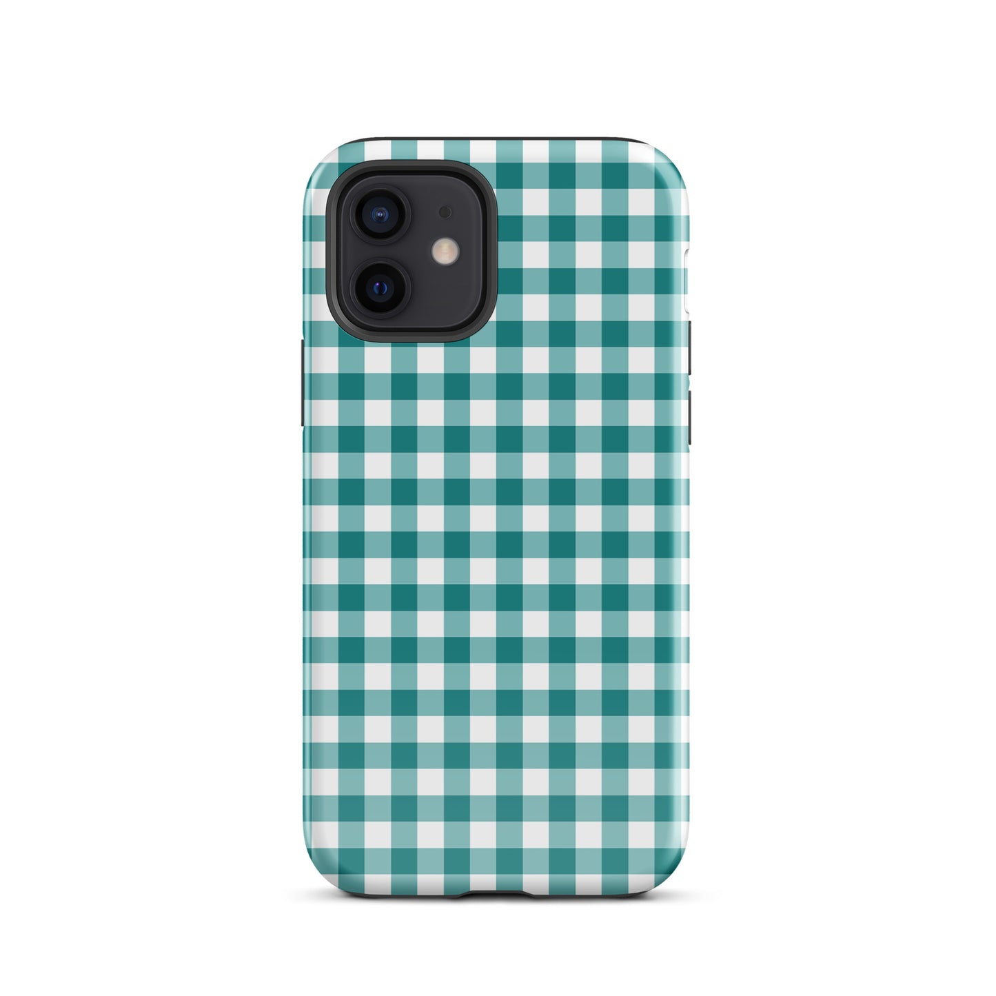 Phone Case with teal and white gingham pattern for iPhone, combining charm and durability in a stylish accessory.