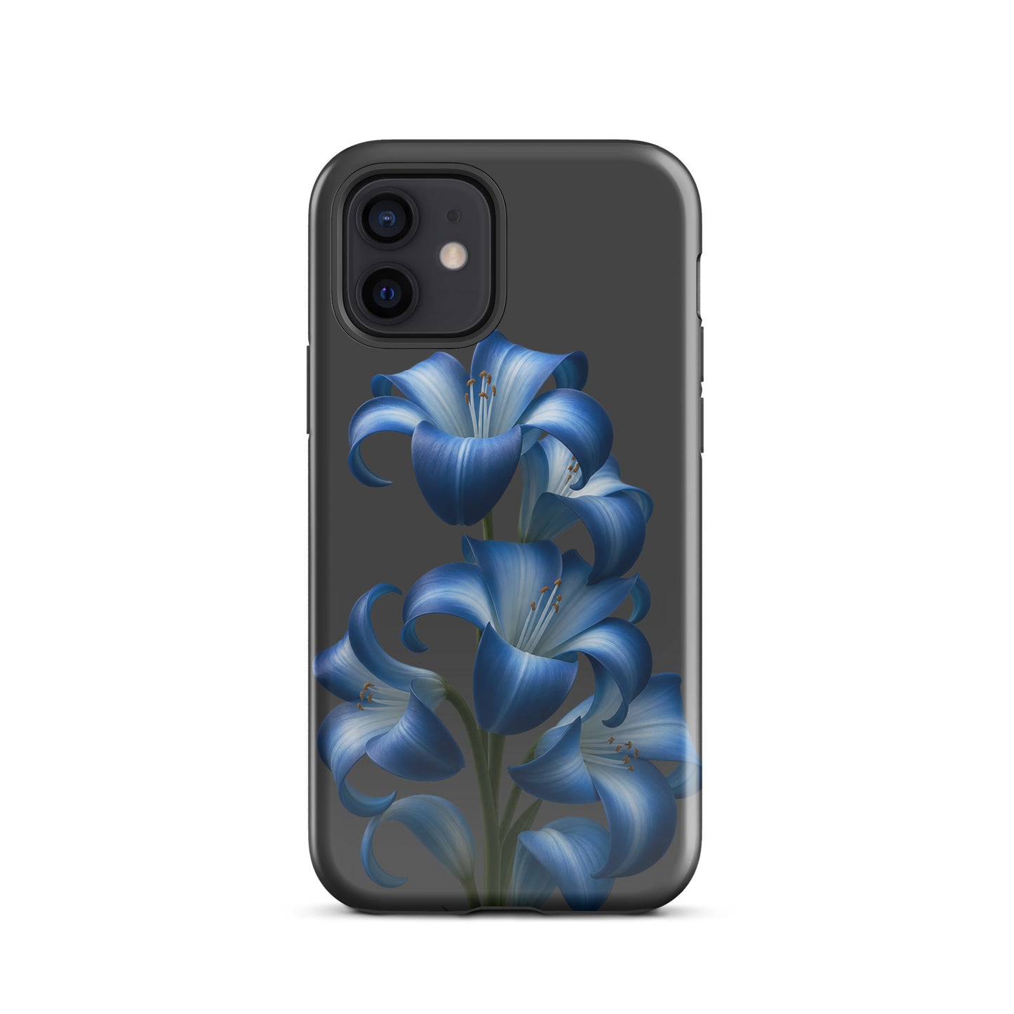 Phone Case for iPhone with blue lily bloom art on dark background, dual-layer protection.