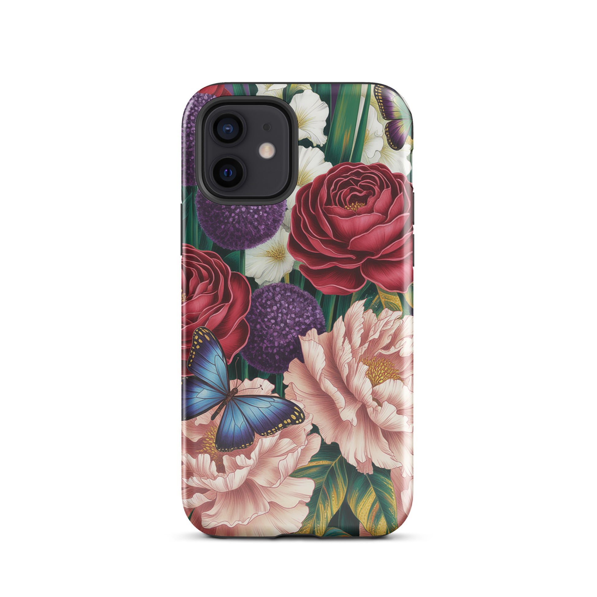 Phone Case for iPhone with botanical garden bloom design featuring roses, peonies, alliums, and butterflies.