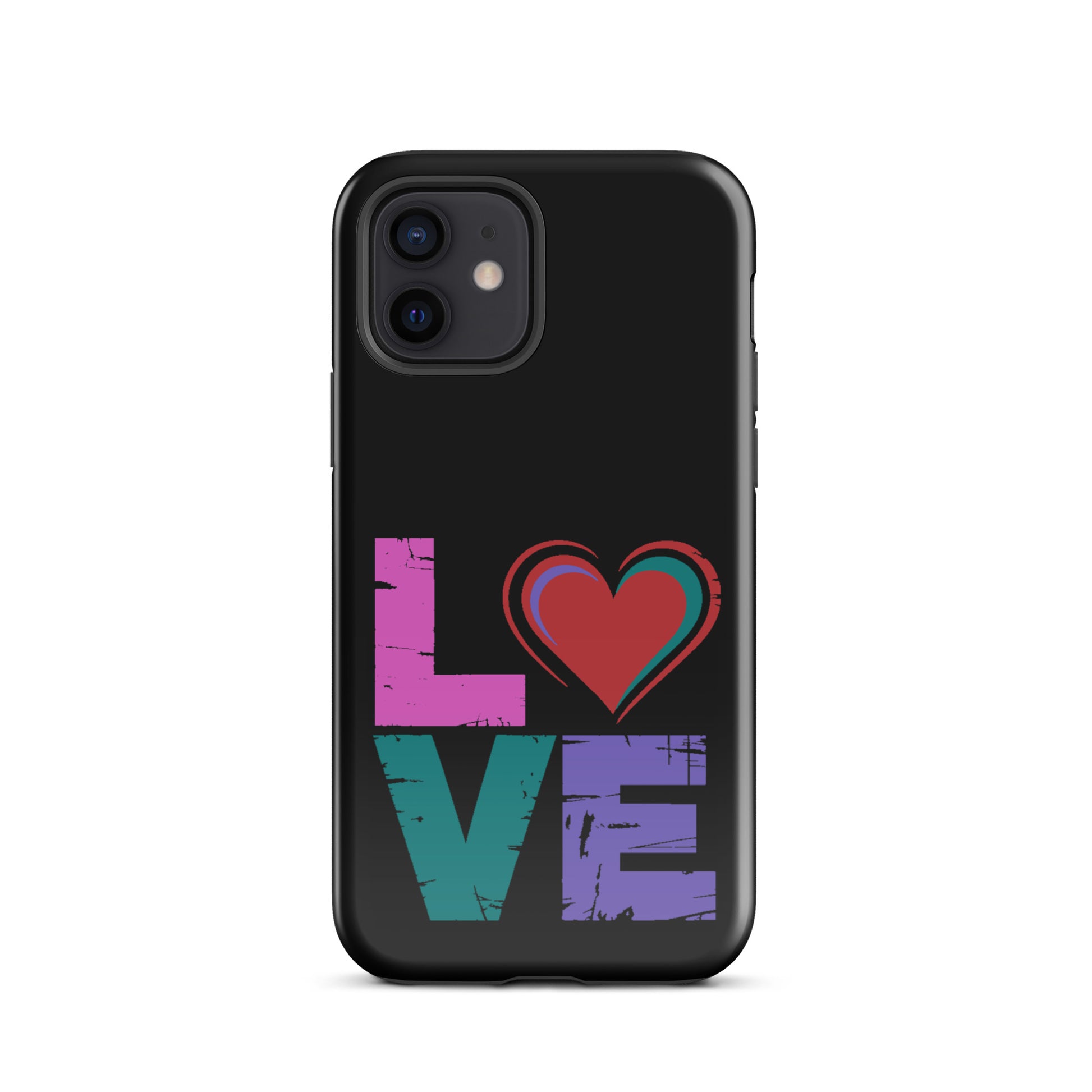 Love Dual Layer Tough Case for iPhones with colorful love design on black background.
