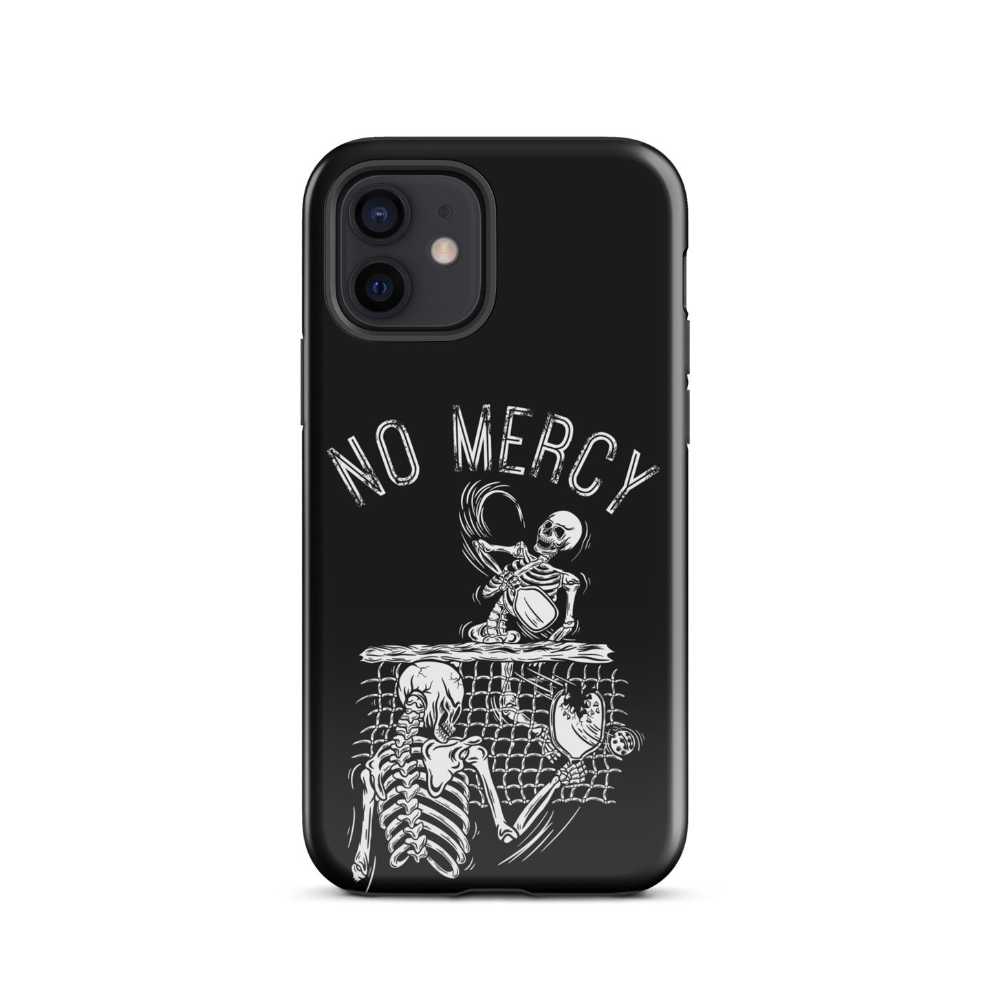 Pickleball iPhone Case with "No Mercy" design, featuring skeleton players, perfect for aggressive pickleball enthusiasts. Ideal phone protection.