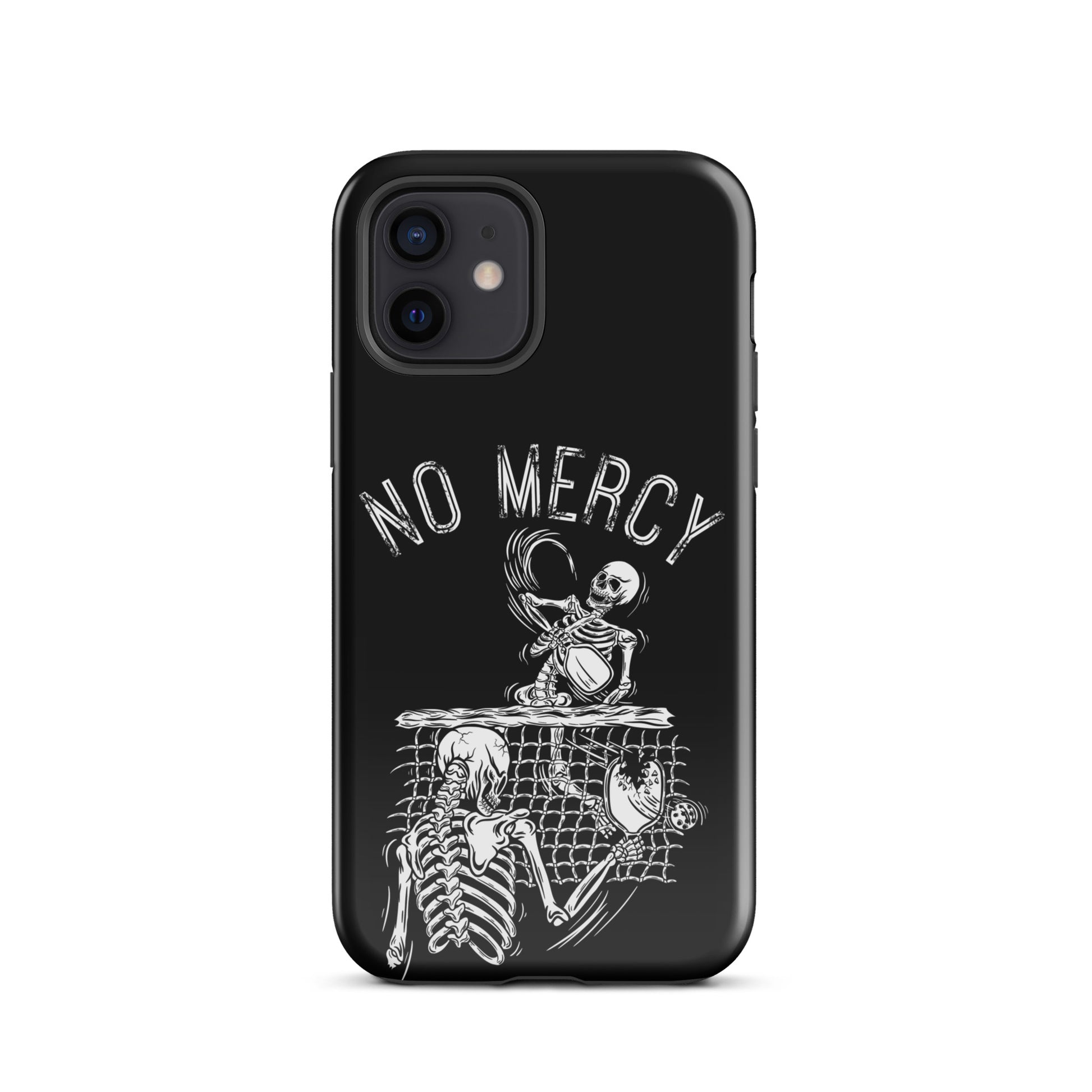 Pickleball iPhone Case with "No Mercy" design, featuring skeleton players, perfect for aggressive pickleball enthusiasts. Ideal phone protection.