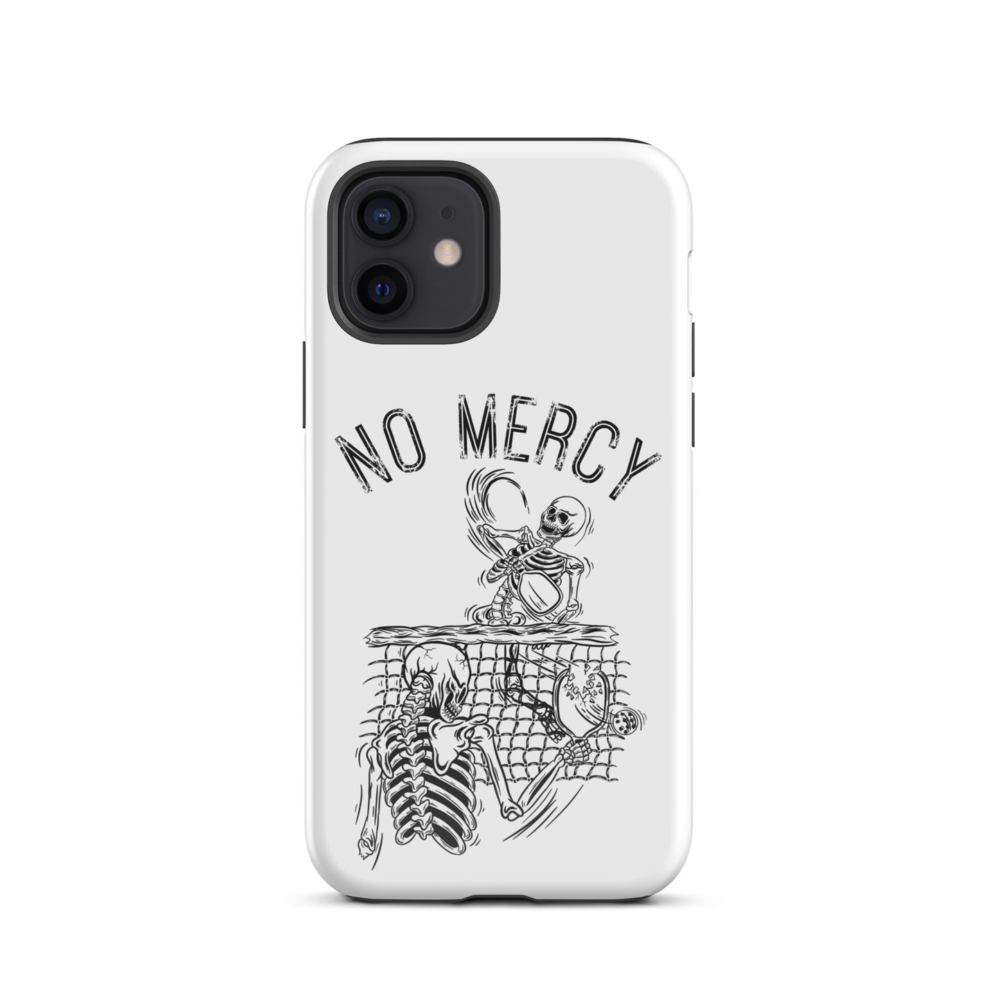 Pickleball iPhone case with 'No Mercy' design, featuring skeletons and net; perfect for aggressive court players.