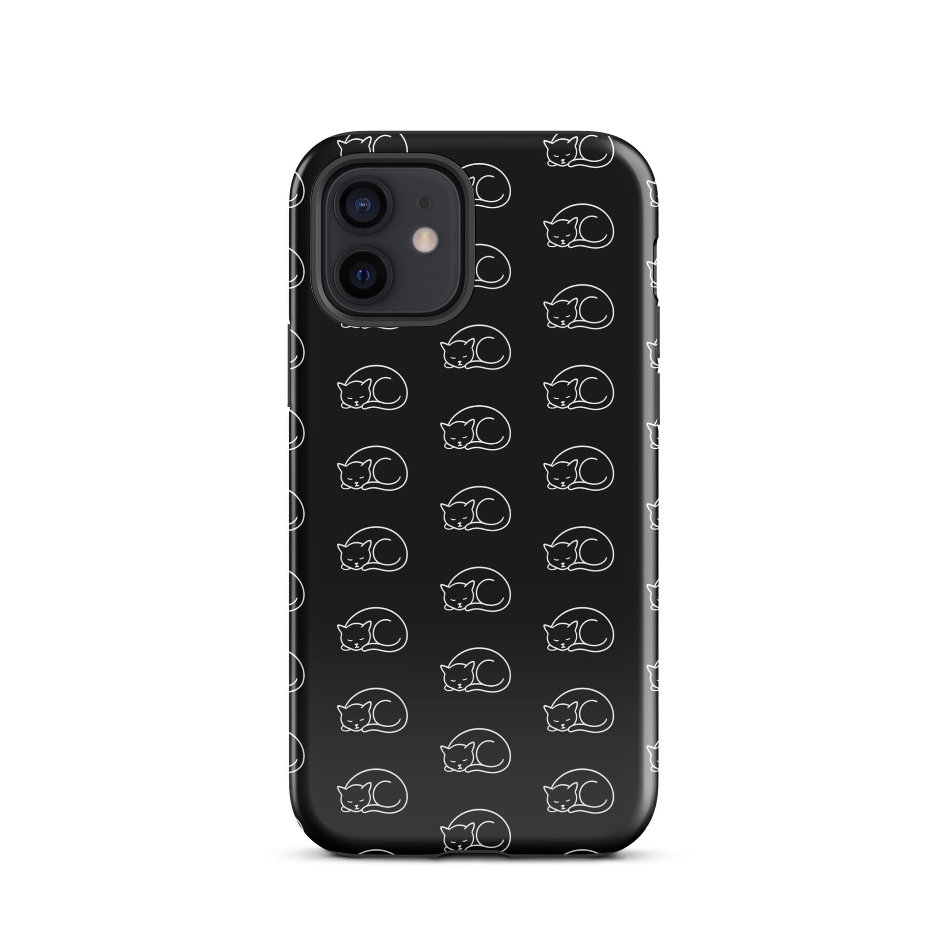 Phone case with curled-up cat pattern for iPhone, perfect for feline fans seeking stylish device protection.