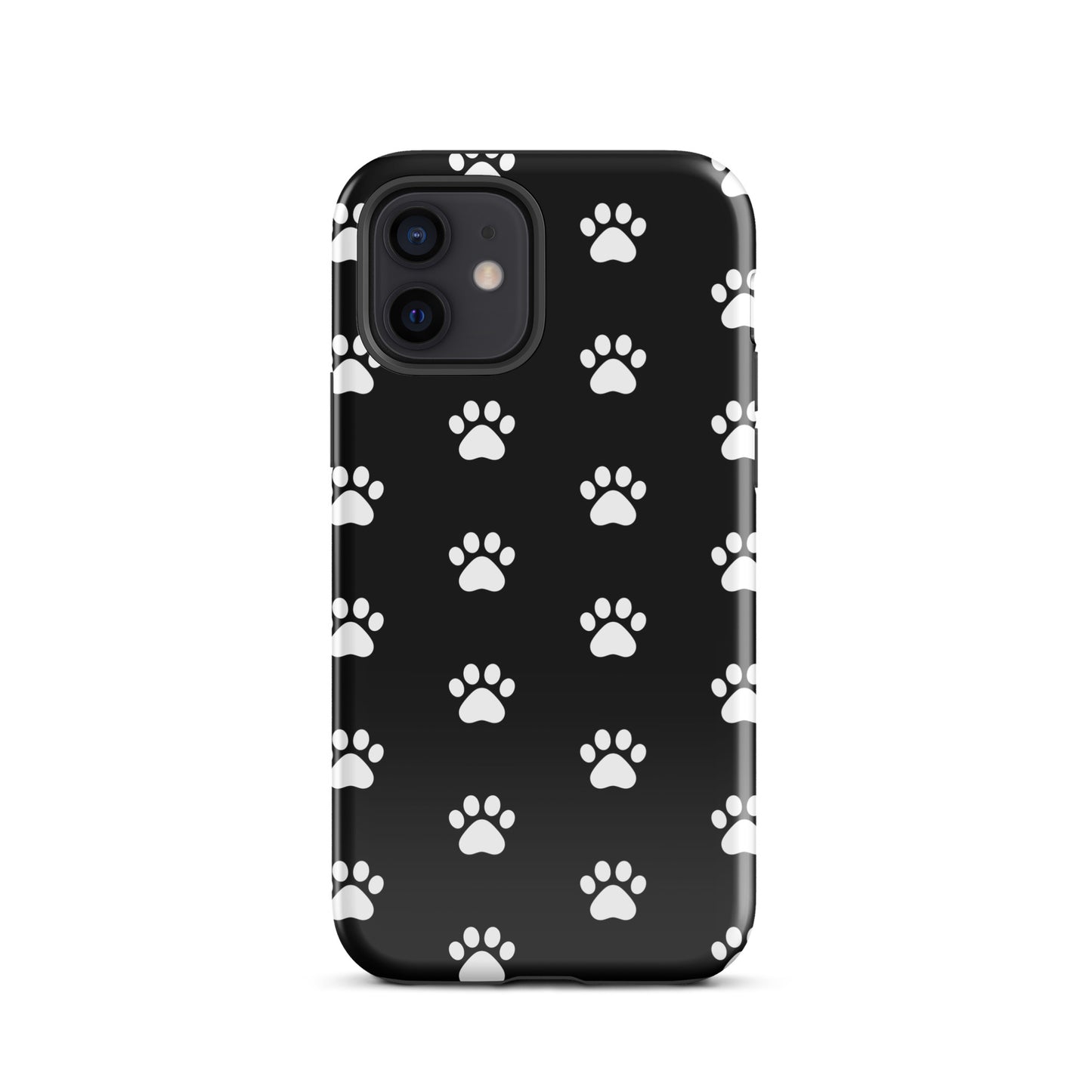 Phone Case for iPhone with stylish paw print design for pet lovers, featuring minimalist white paw icons on a black background.