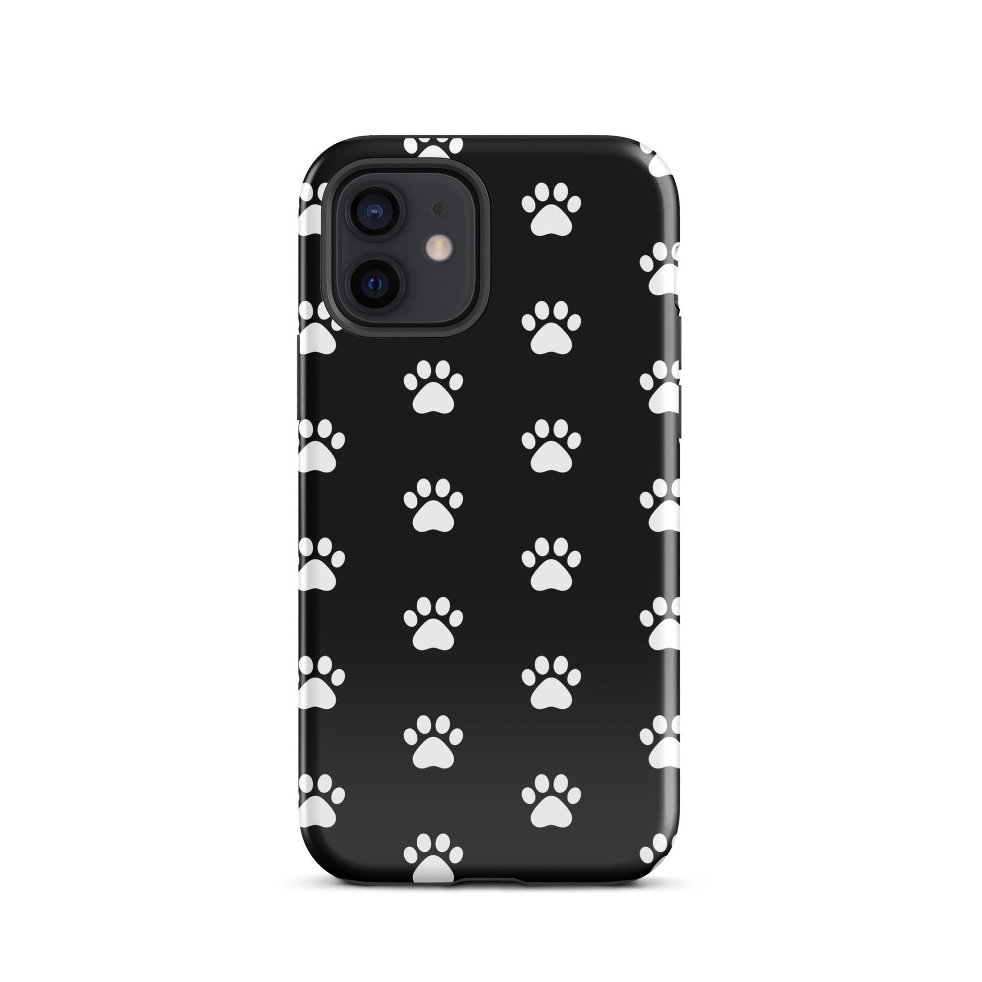 Phone Case for iPhone with stylish paw print design for pet lovers, featuring minimalist white paw icons on a black background.