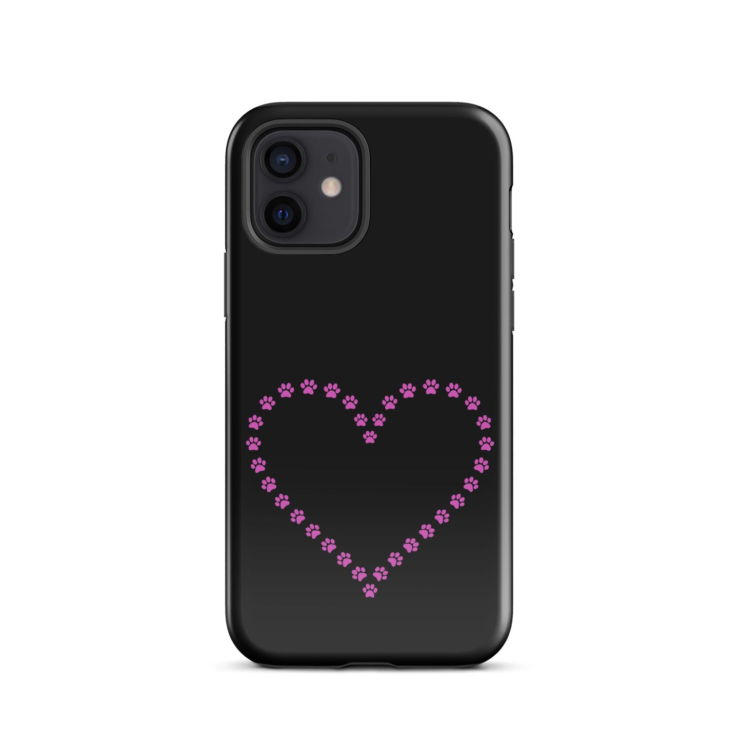 Phone Case with pink paw print heart design, perfect for pet lovers. Durable protection for your iPhone, showcasing playful charm.