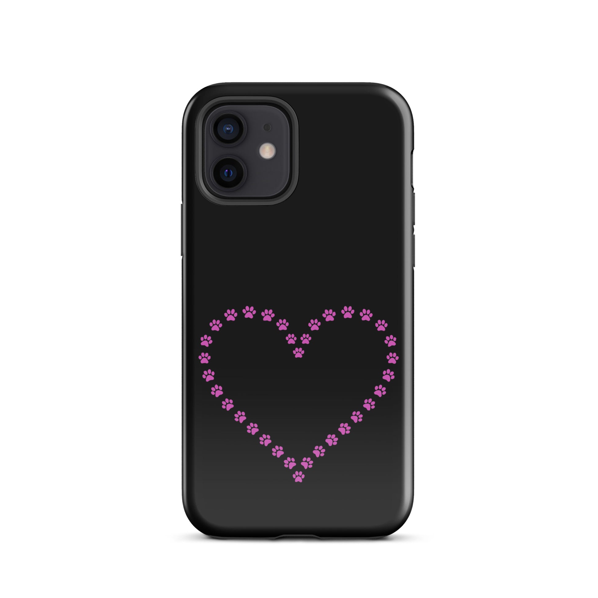 Phone Case with pink paw print heart design, perfect for pet lovers. Durable protection for your iPhone, showcasing playful charm.