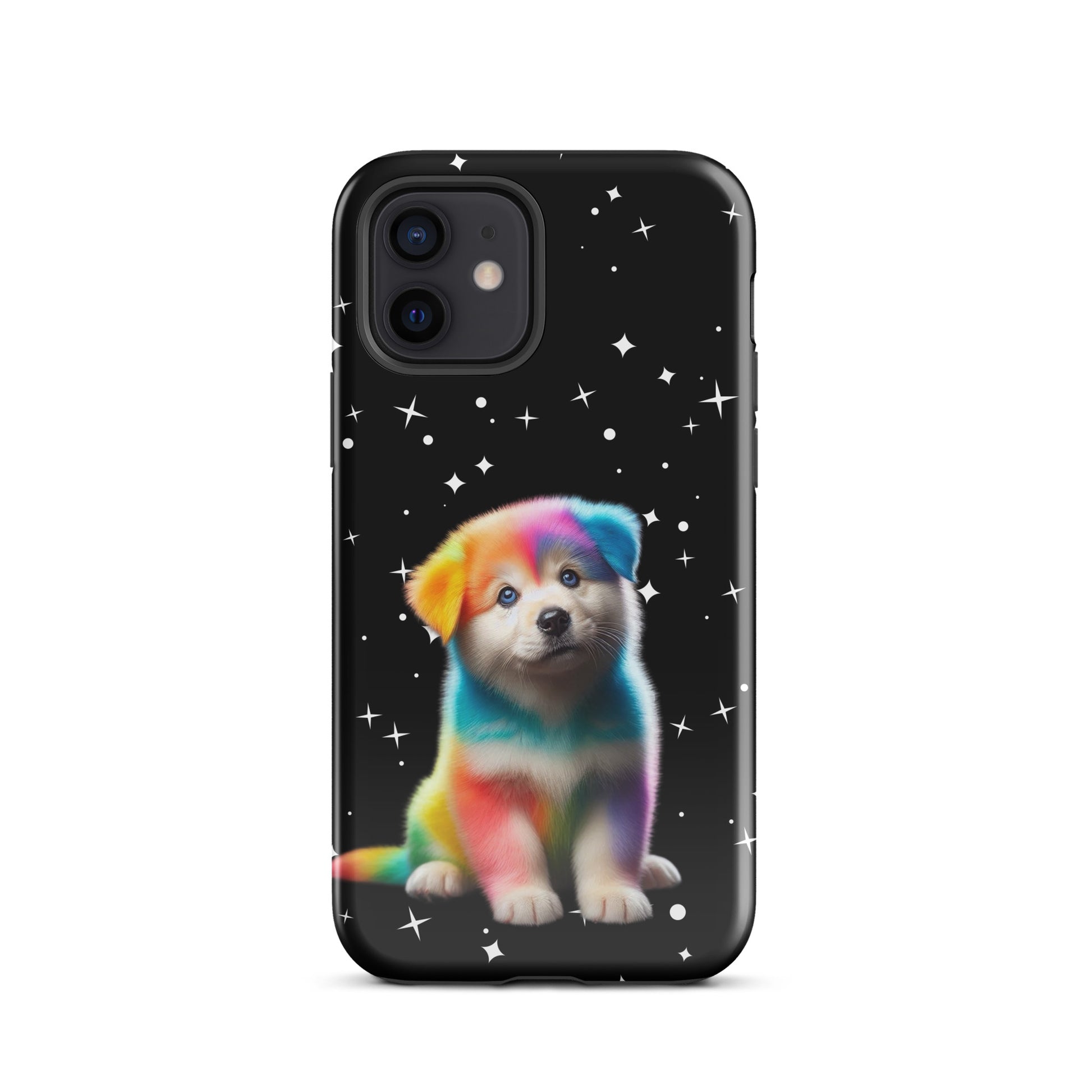 Phone Case for iPhone with rainbow puppy and starry night design, colorful protective accessory.