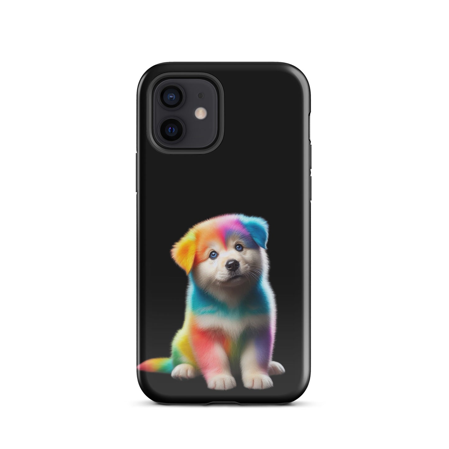 Phone Case with rainbow puppy design, glowing colors against dark sky background, perfect accessory for iPhone lovers.