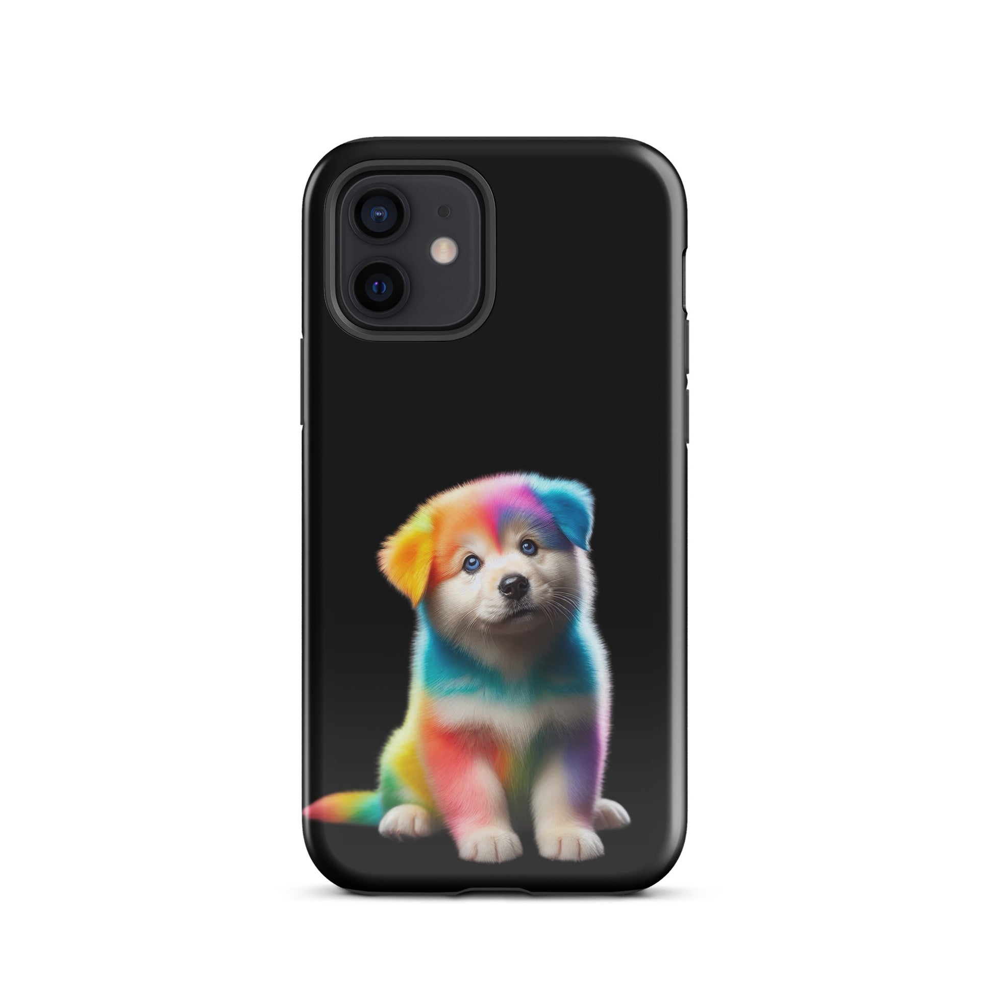 Phone Case with rainbow puppy design, glowing colors against dark sky background, perfect accessory for iPhone lovers.