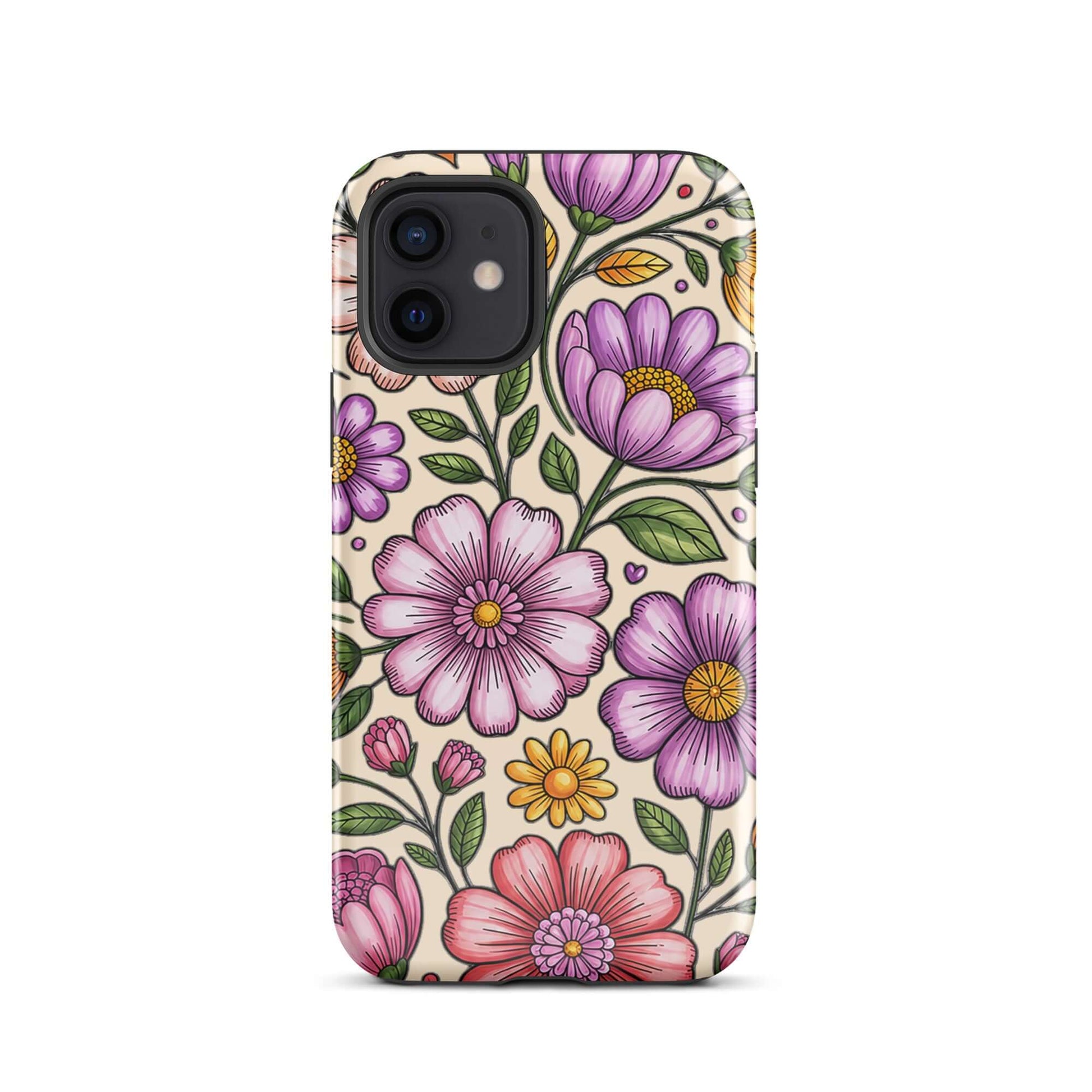 Phone Case for iPhone with pastel floral design featuring pink, peach, lavender, and yellow flowers on durable shell.