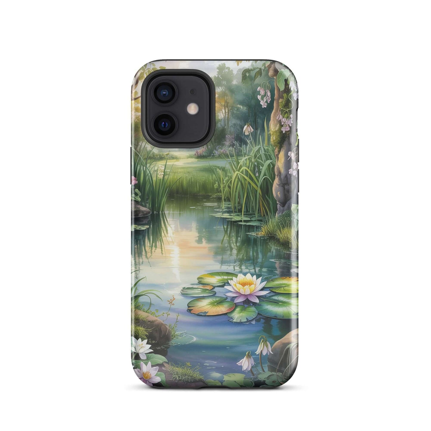 Phone Case for iPhone with enchanted pond design, featuring glowing lily pond, wildflowers, and sunset reflections, peaceful scenery.