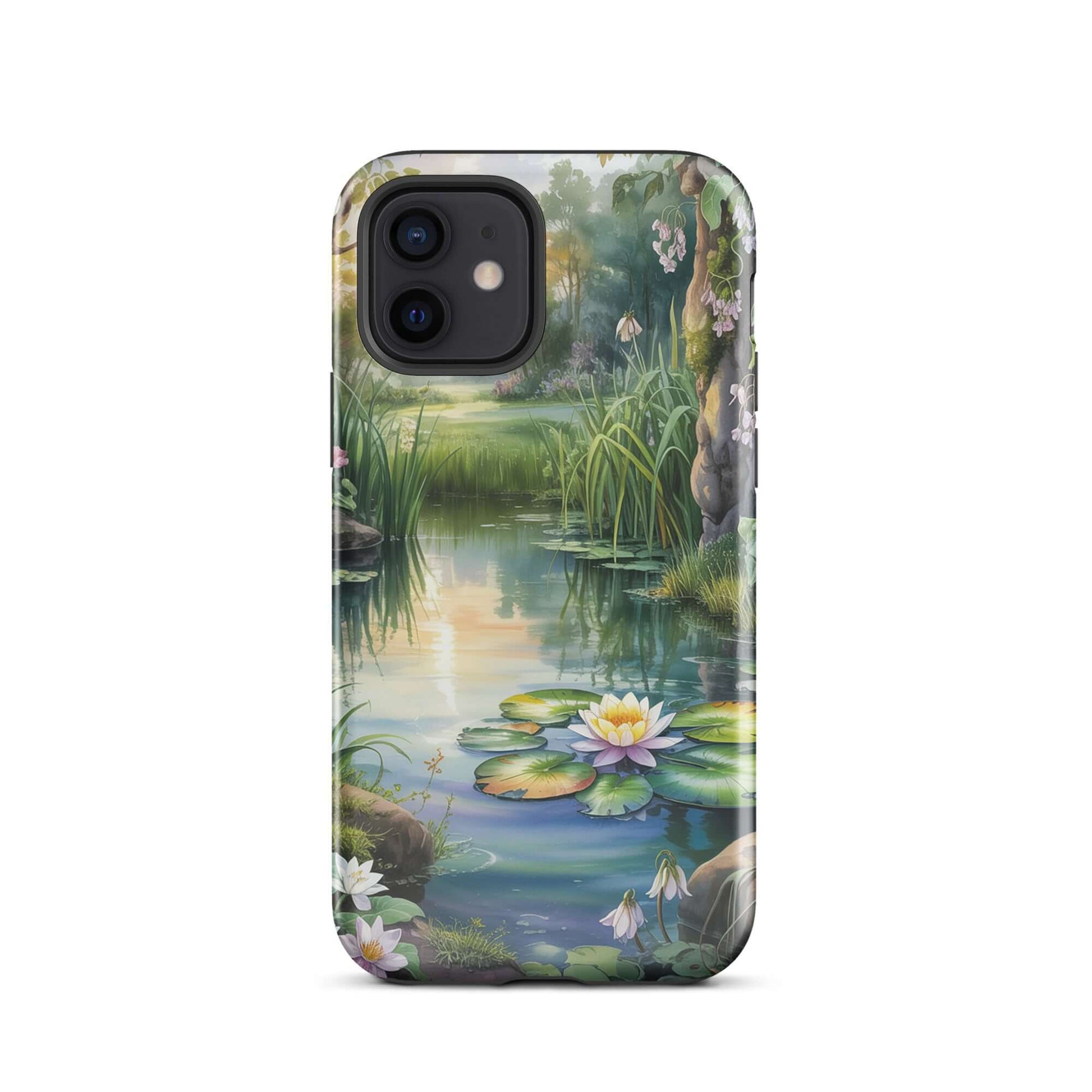 Phone Case for iPhone with enchanted pond design, featuring glowing lily pond, wildflowers, and sunset reflections, peaceful scenery.