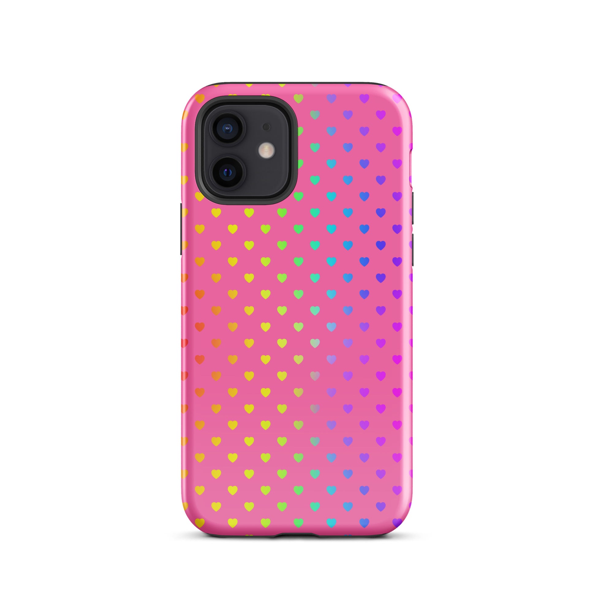Phone Case for iPhone with cute rainbow hearts on a pink background, dual-layer protection, cheerful vibrant design.