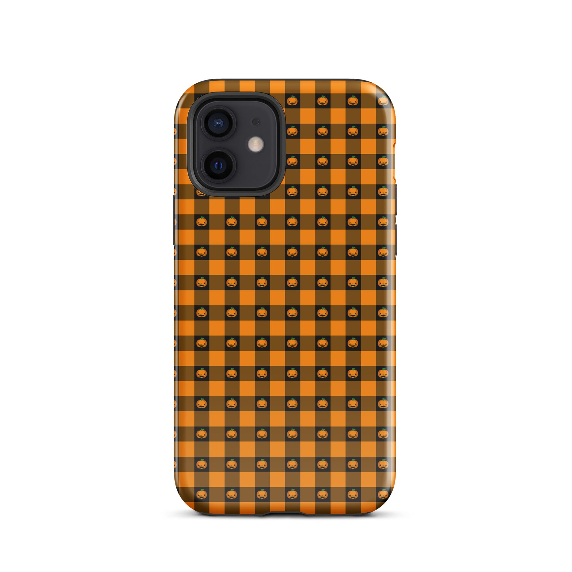 Phone Case for iPhone with playful pumpkin gingham Halloween design featuring jack-o’-lantern faces on orange and black checkered pattern.