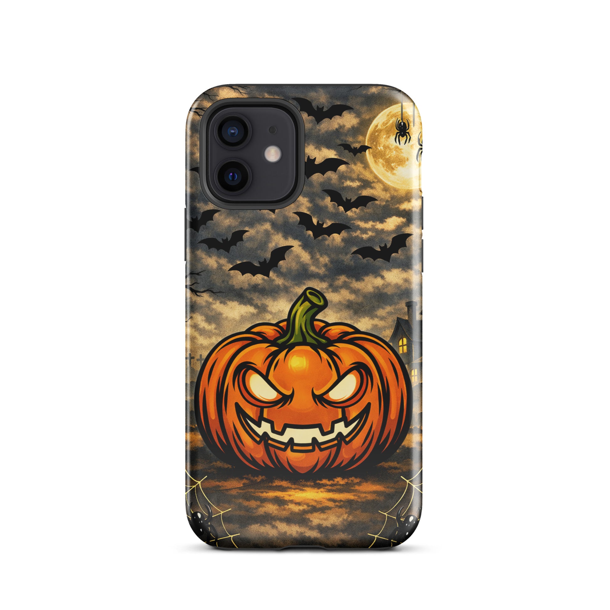 Phone Case for iPhone featuring a Halloween scene with a glowing pumpkin, bats, full moon, haunted house, and spider webs.