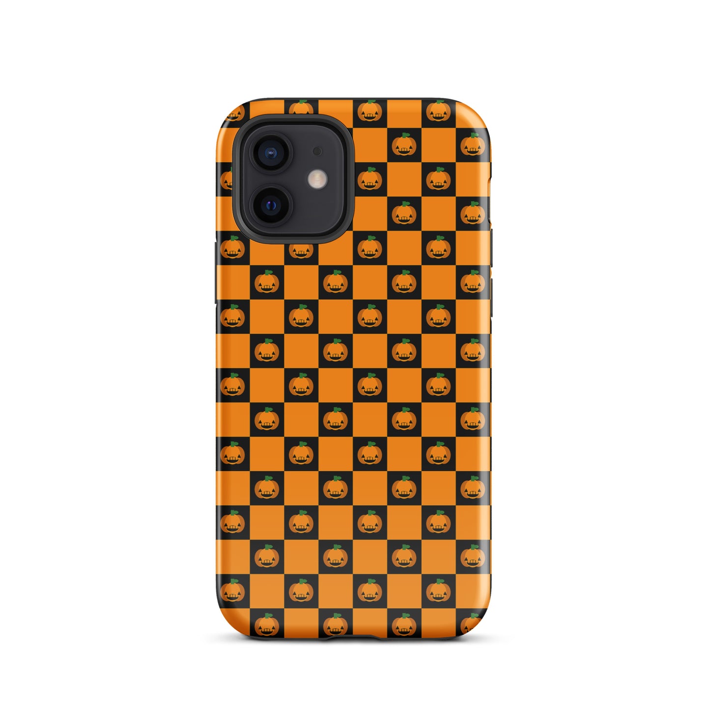 Phone Case for iPhone with playful pumpkin checkered Halloween design, featuring black and orange squares with jack-o’-lanterns.