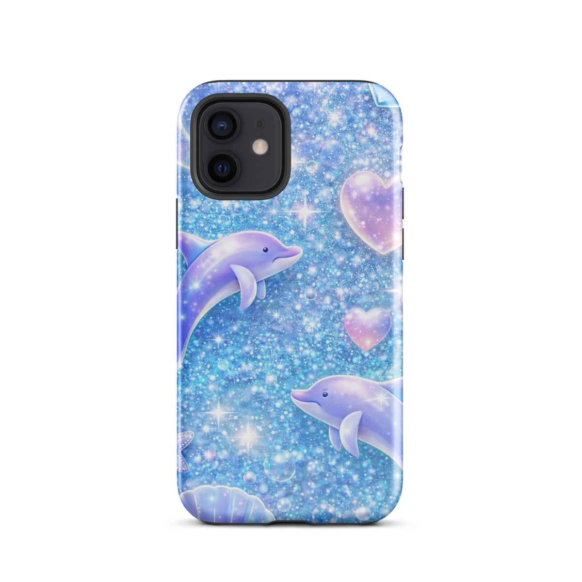 Phone Case for iPhone with ocean glitter, dolphins, pastel moons and shells design