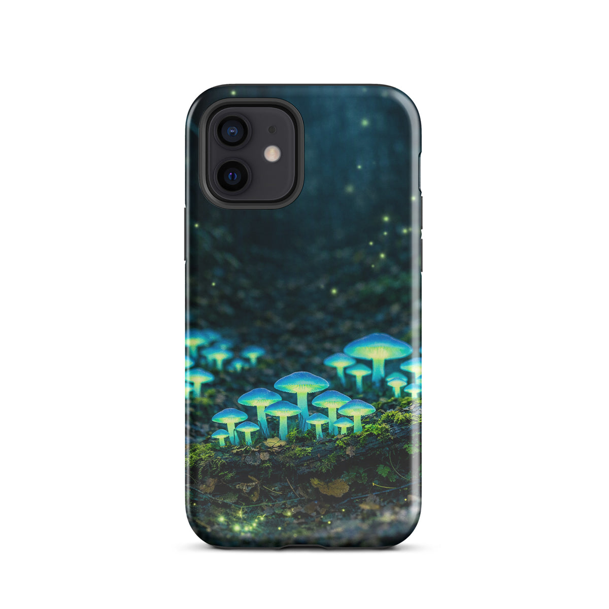 Magical Phone Case for iPhone featuring bioluminescent mushrooms glowing in a mystic forest scene on a dark background.