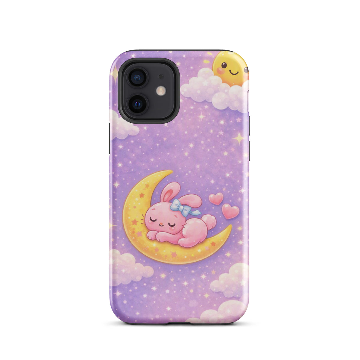 Phone Case with dreamy bunny moon design on a purple nighttime sky for iPhone, featuring a pink bunny on a crescent moon among stars.