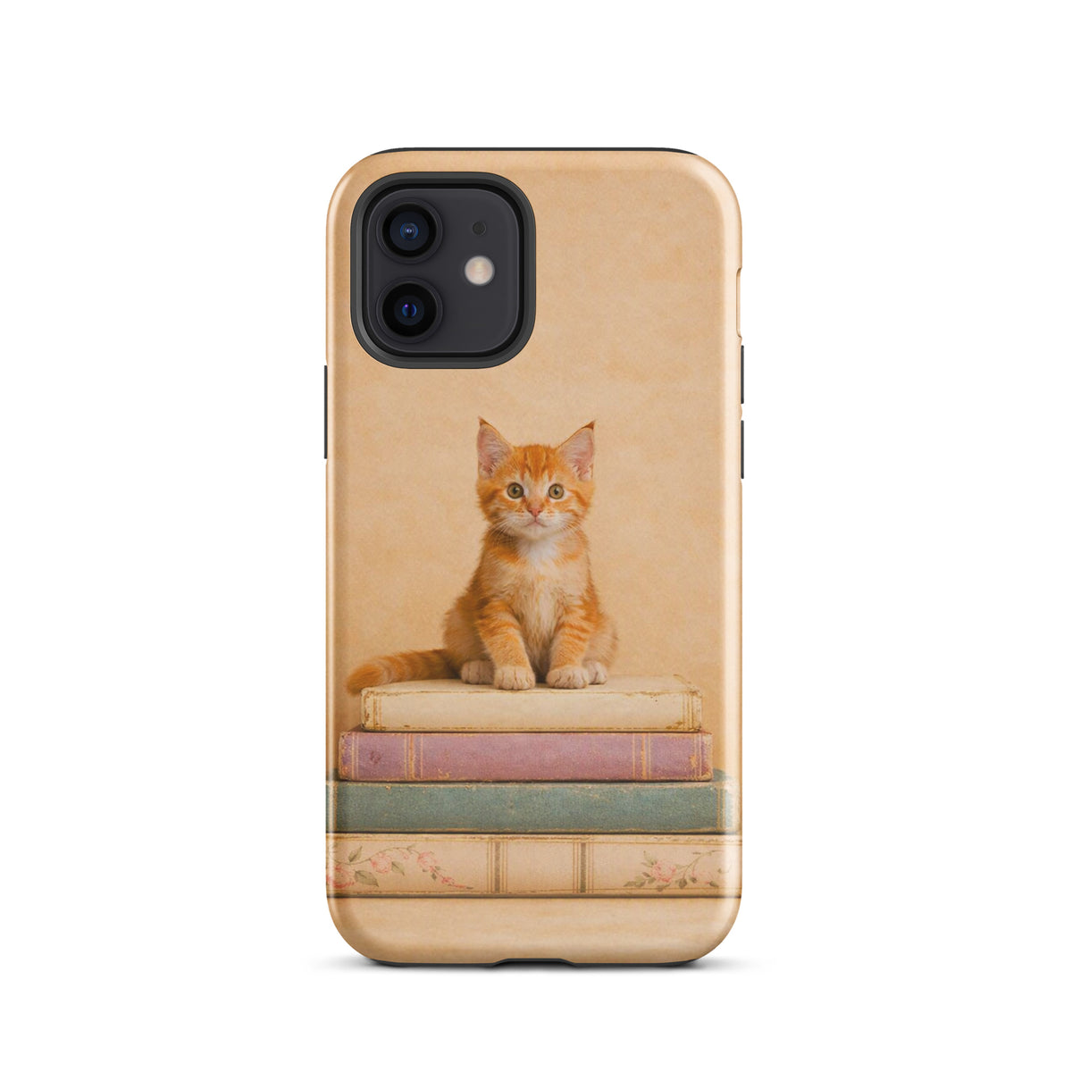 Phone Case with cozy kitten and vintage books design for iPhone